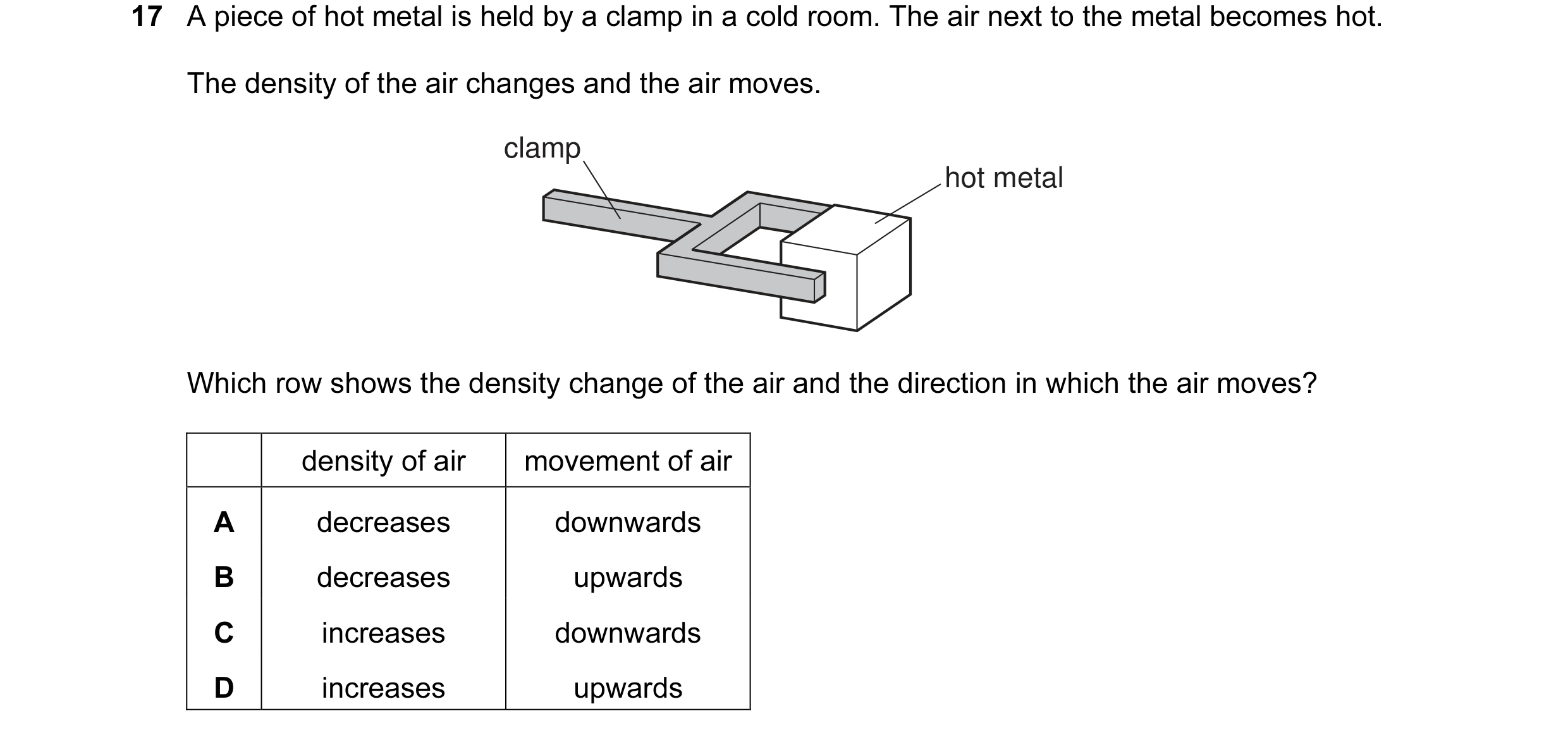Question 50: A piece of hot metal is held by a clamp in a cold room. The air next to the metal becomes hot. The density of the air changes and the air m…