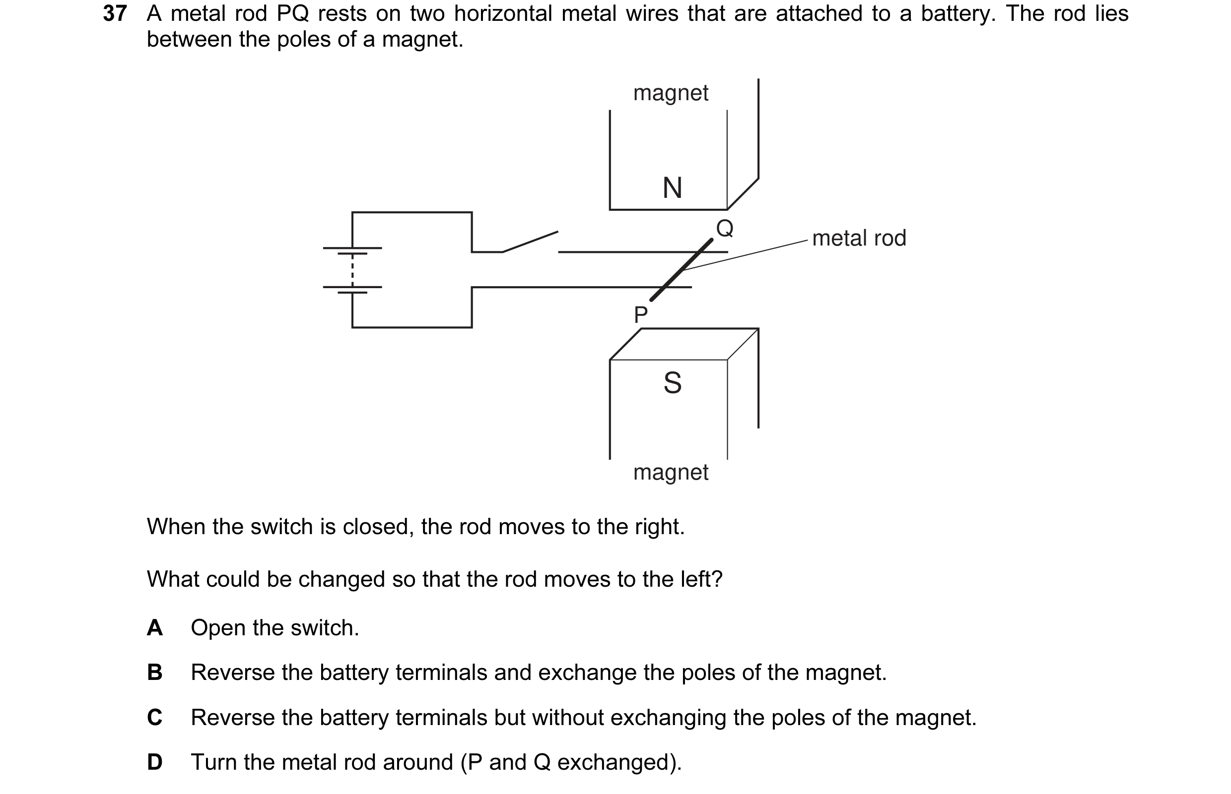 Question 88: A metal rod PQ rests on two horizontal metal wires that are attached to a battery. The rod lies between the poles of a magnet. magnet N Q m…