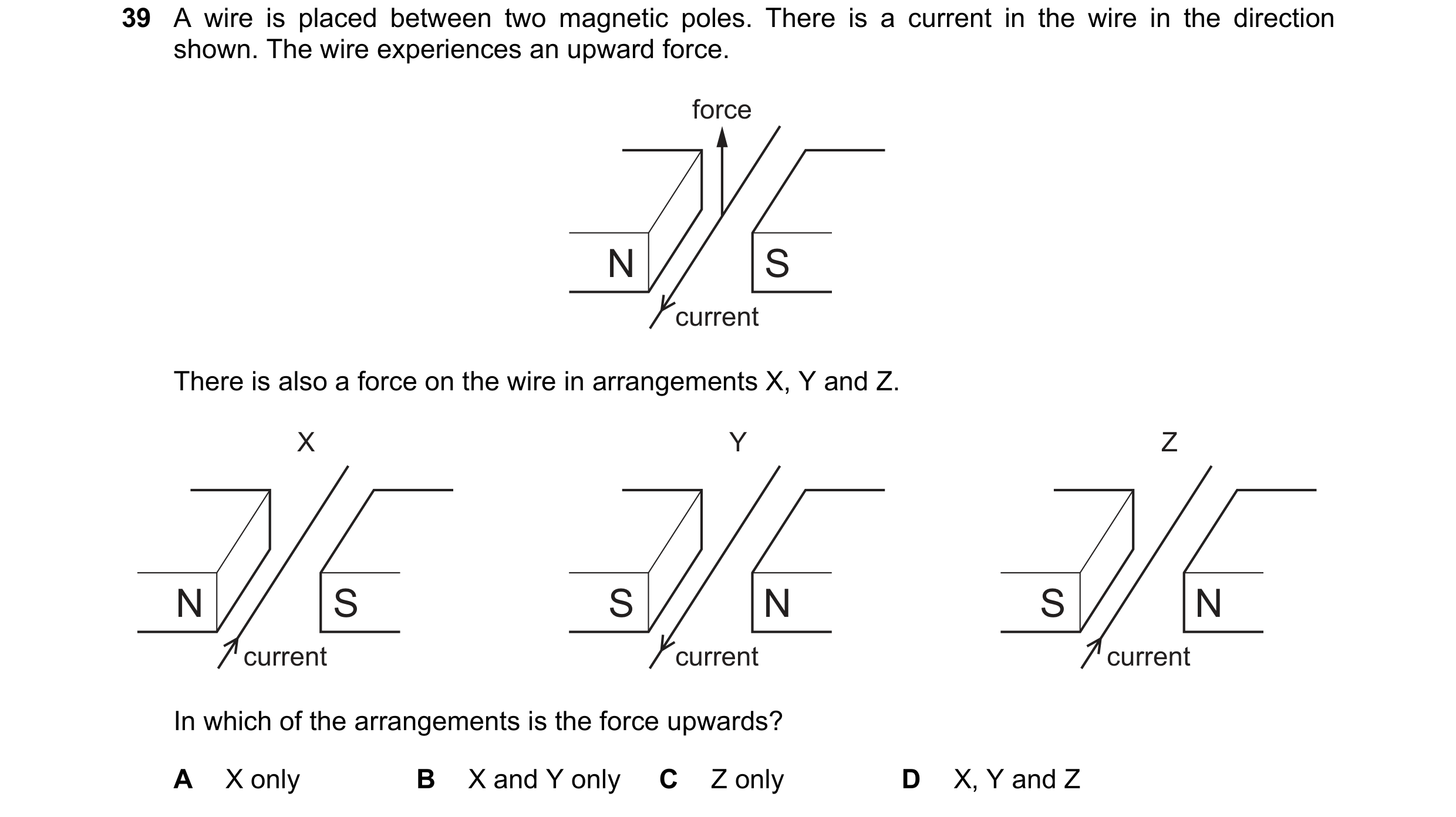 Question 24: A wire is placed between two magnetic poles. There is a current in the wire in the direction shown. The wire experiences an upward force. f…