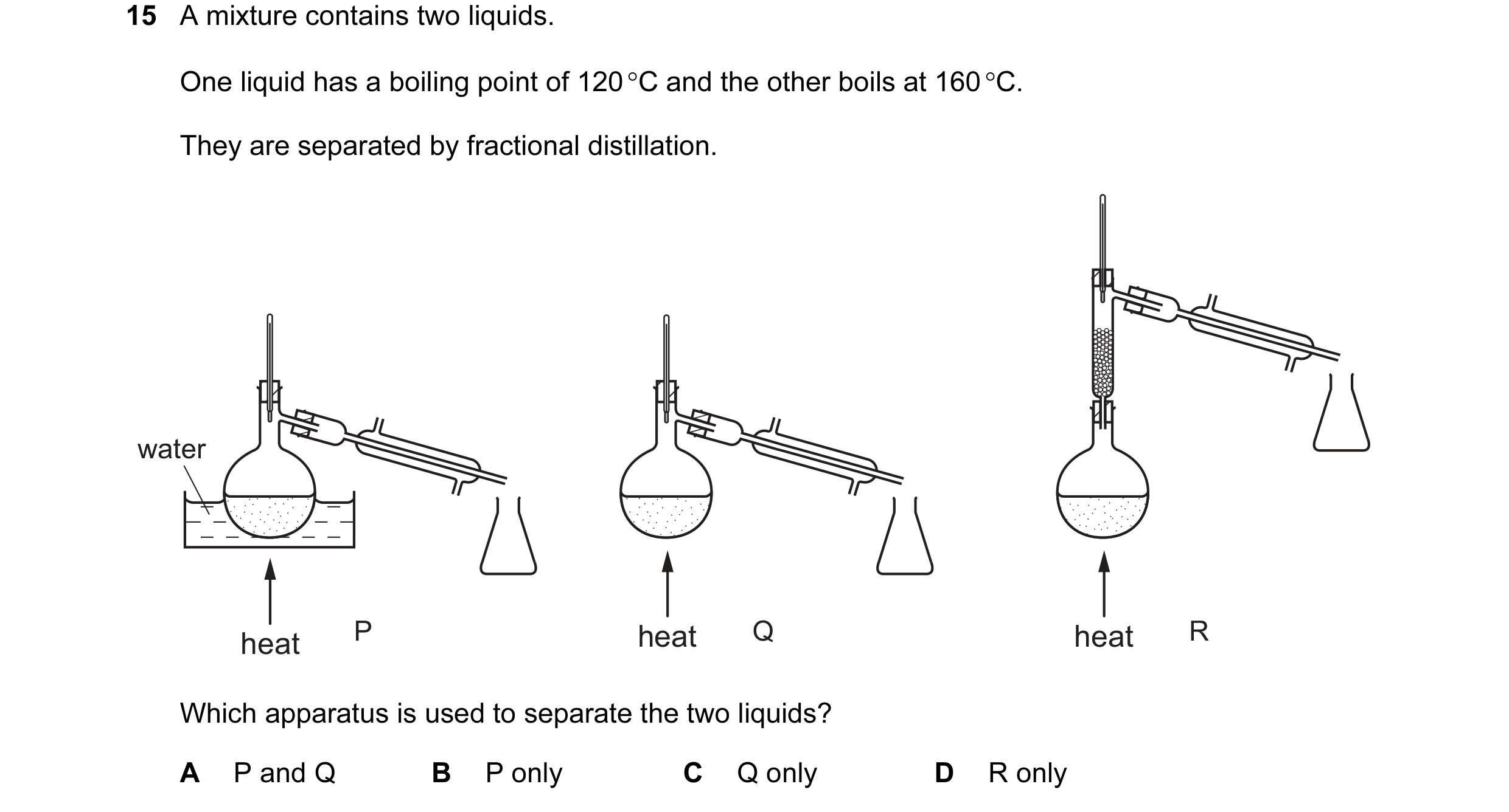Question 26: A mixture contains two liquids. One liquid has a boiling point of 120 °C and the other boils at 160 °C. They are separated by fractional di…