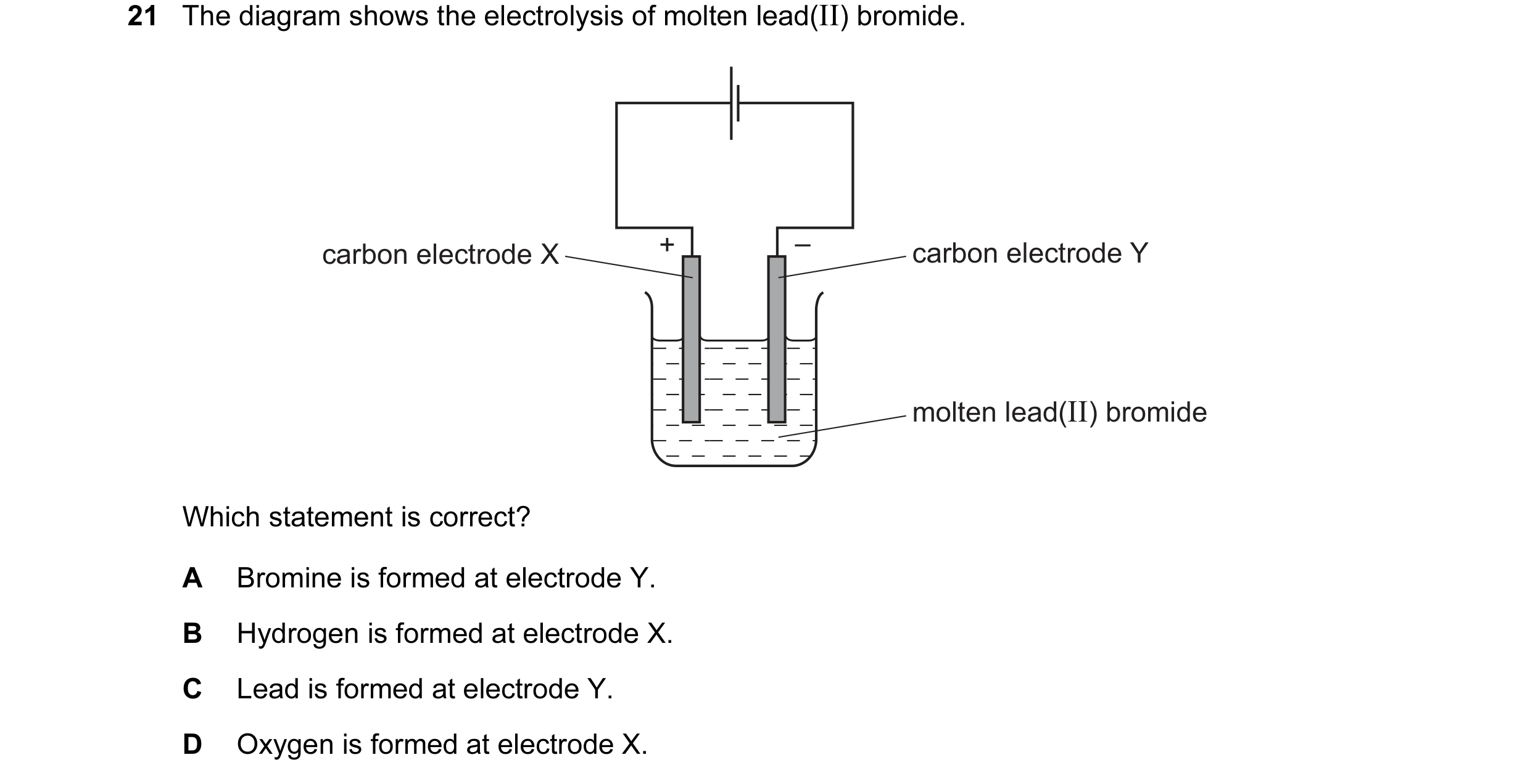 Question 34: The diagram shows the electrolysis of molten lead(II) bromide. carbon electrode X + – carbon electrode Y molten lead(II) bromide Which stat…