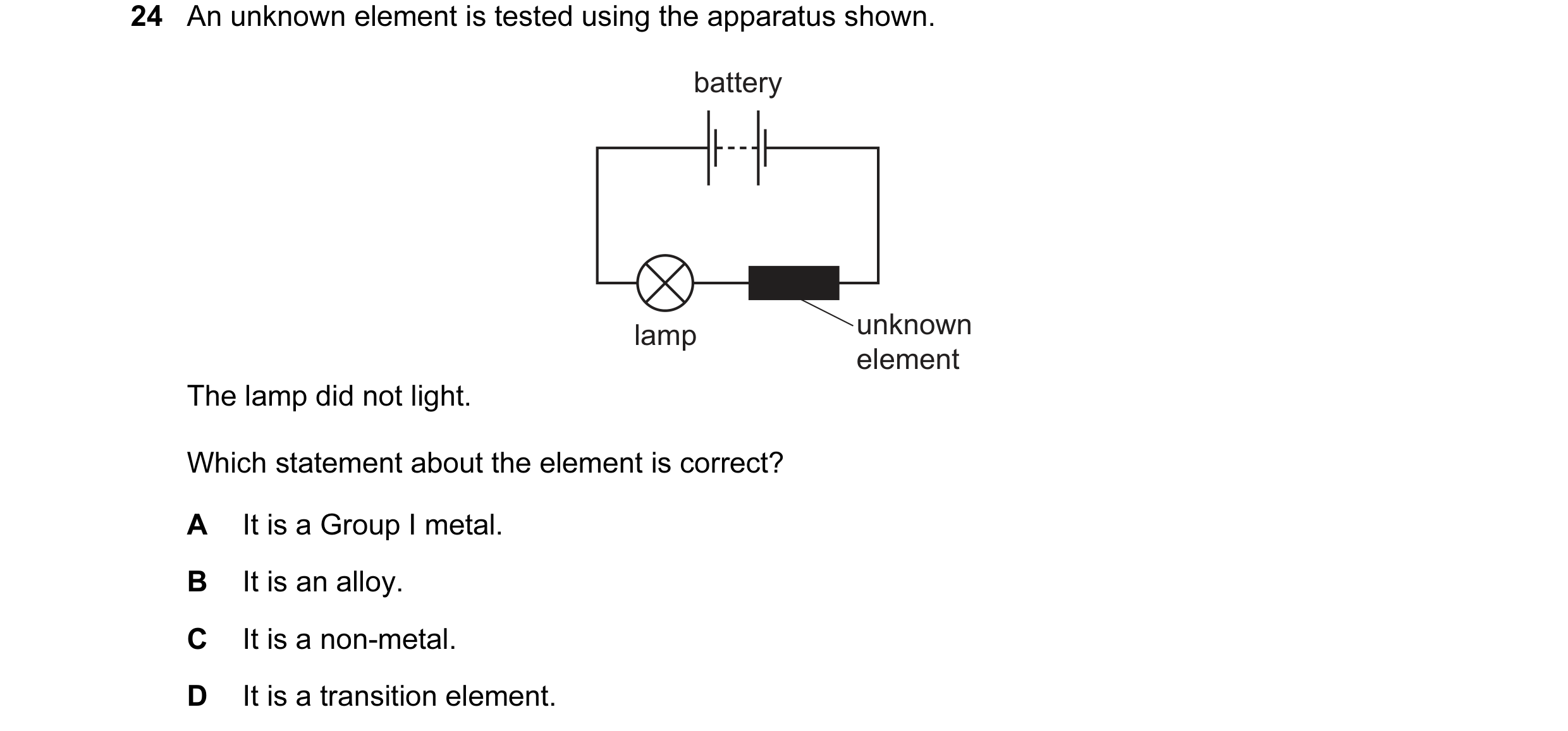 Question 5: An unknown element is tested using the apparatus shown. battery lamp unknown element The lamp did not light. Which statement about the elem…