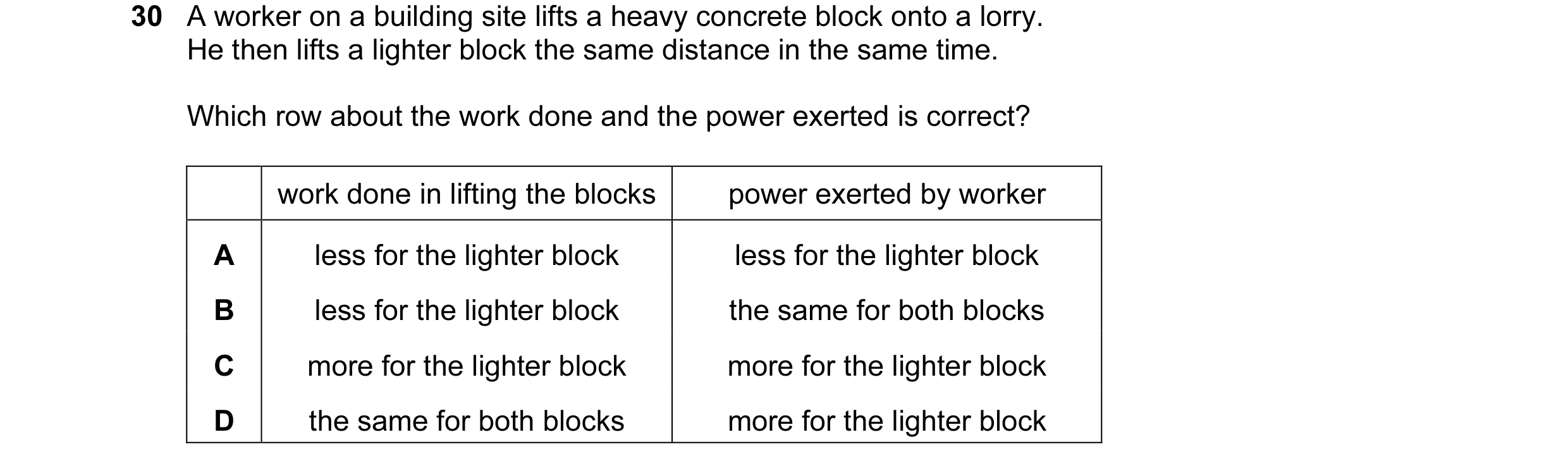 Question 35: A worker on a building site lifts a heavy concrete block onto a lorry. He then lifts a lighter block the same distance in the same time. Wh…