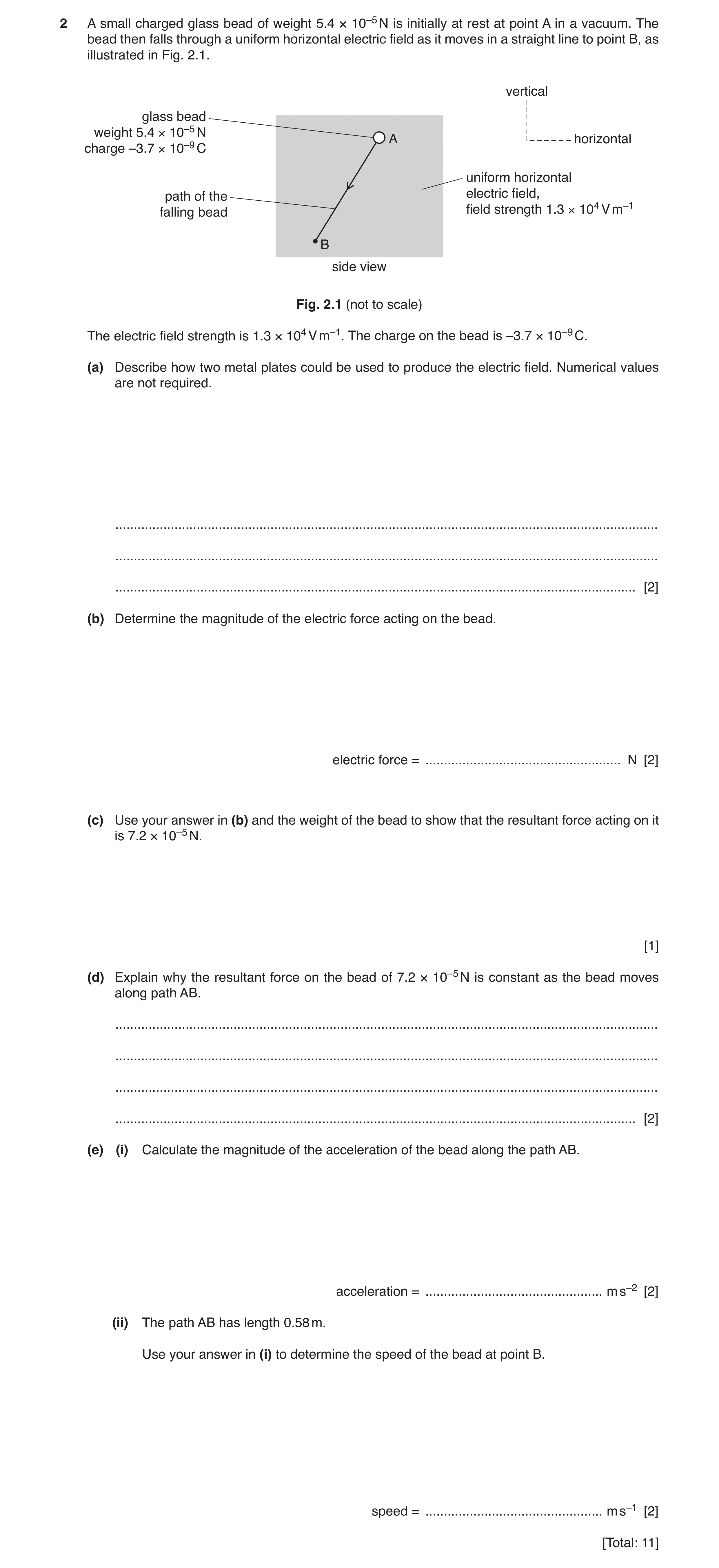Question 10: A small charged glass bead of weight 5.4 × 10–5 N is initially at rest at point A in a vacuum. The bead then falls through a uniform horizo…