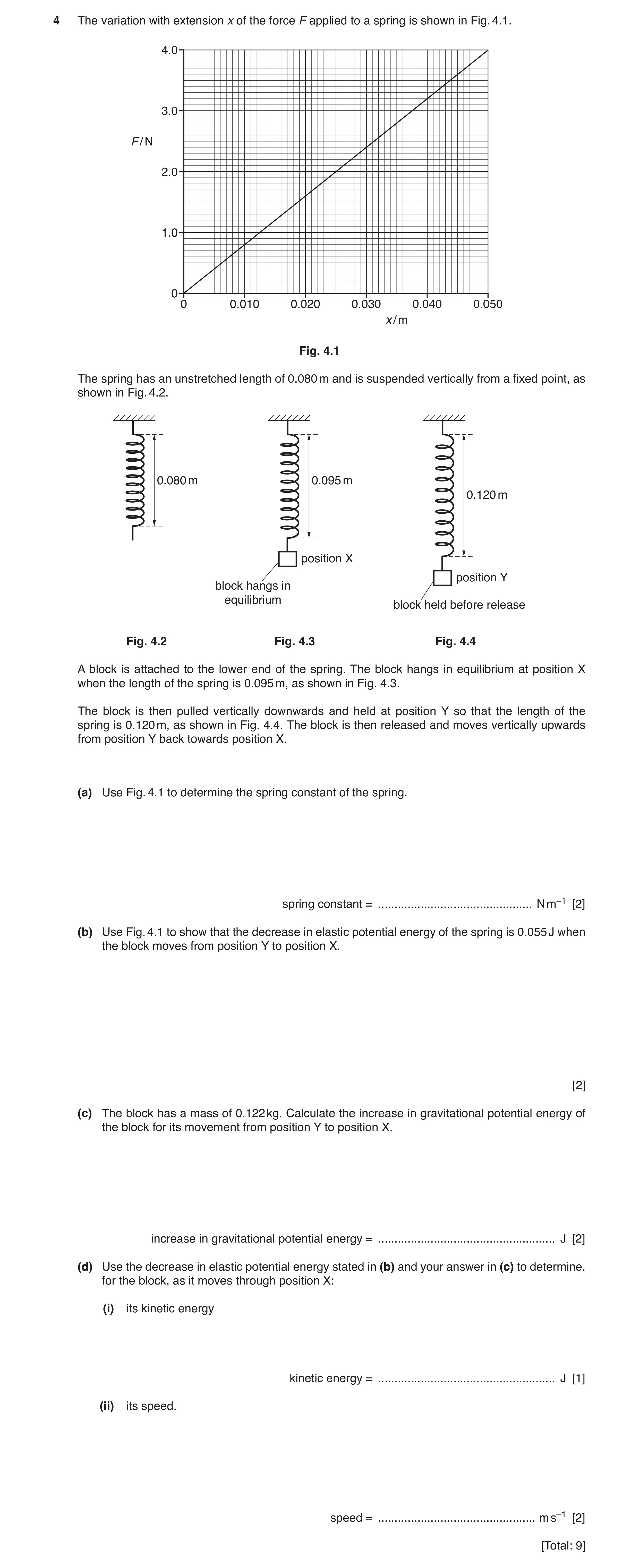 Question 7: The variation with extension x of the force F applied to a spring is shown in Fig. 4.1. 4.0 3.0 F / N 2.0 1.0 0 0 0.010 0.020 0.030 0.040 0…