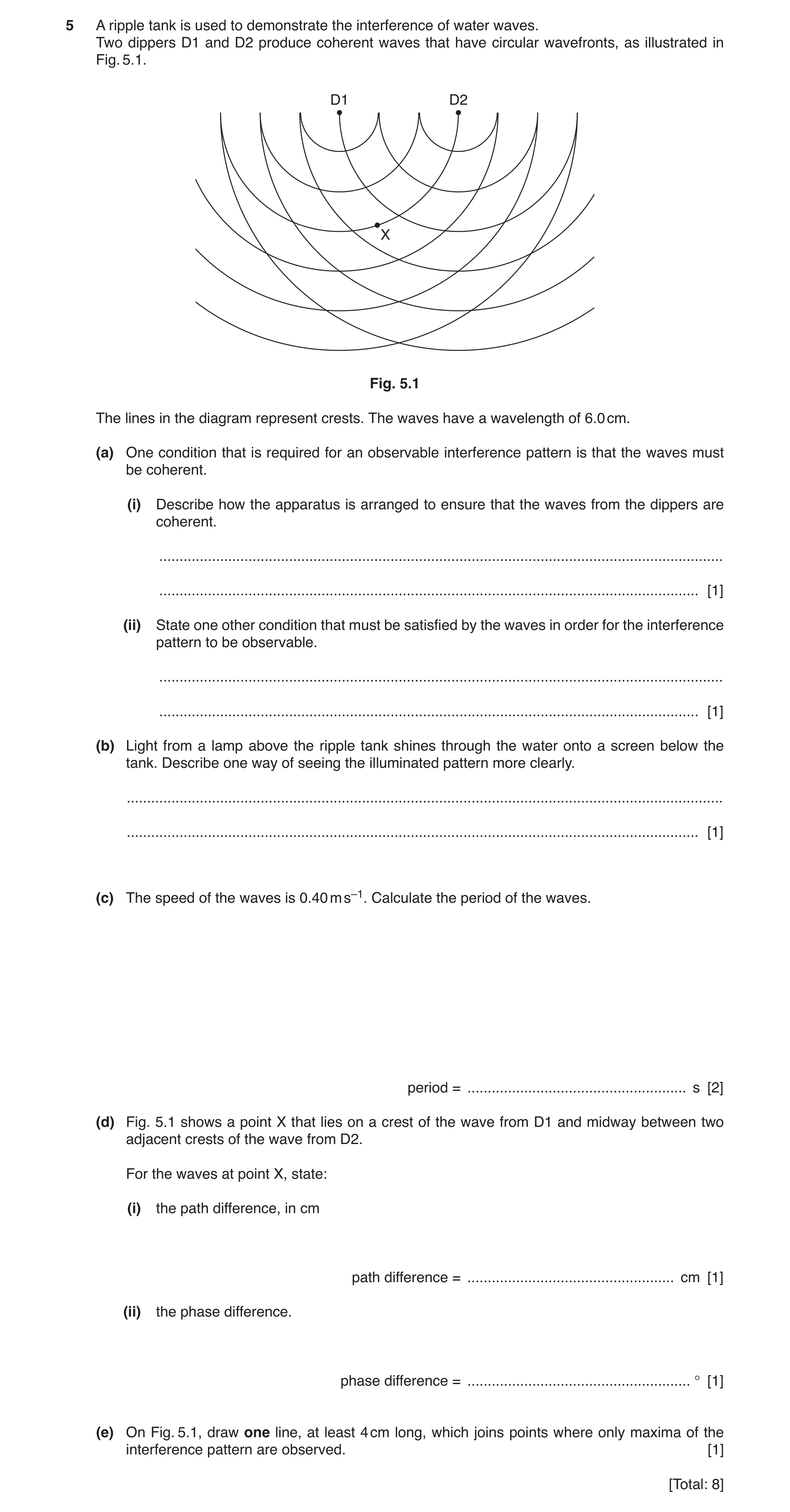 Question 5: A ripple tank is used to demonstrate the interference of water waves. Two dippers D1 and D2 produce coherent waves that have circular wavef…