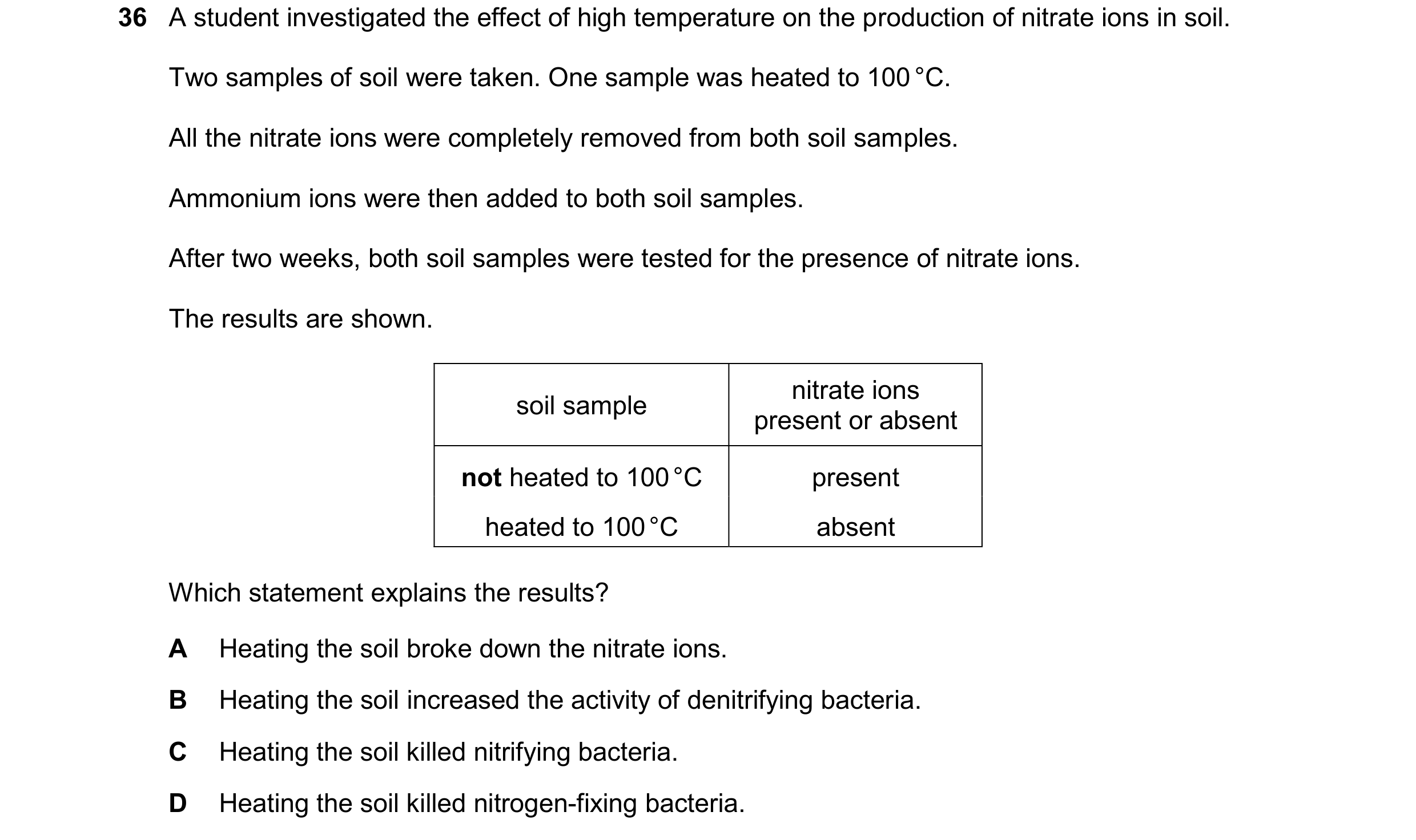 Question 16: A student investigated the effect of high temperature on the production of nitrate ions in soil. Two samples of soil were taken. One sample…