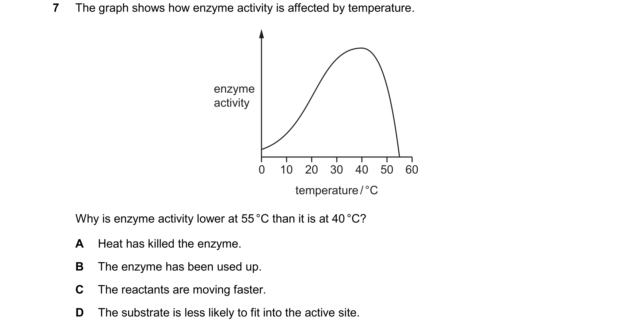 Question 41: The graph shows how enzyme activity is affected by temperature. enzyme activity 0 10 20 30 40 50 60 temperature / °C Why is enzyme activity…