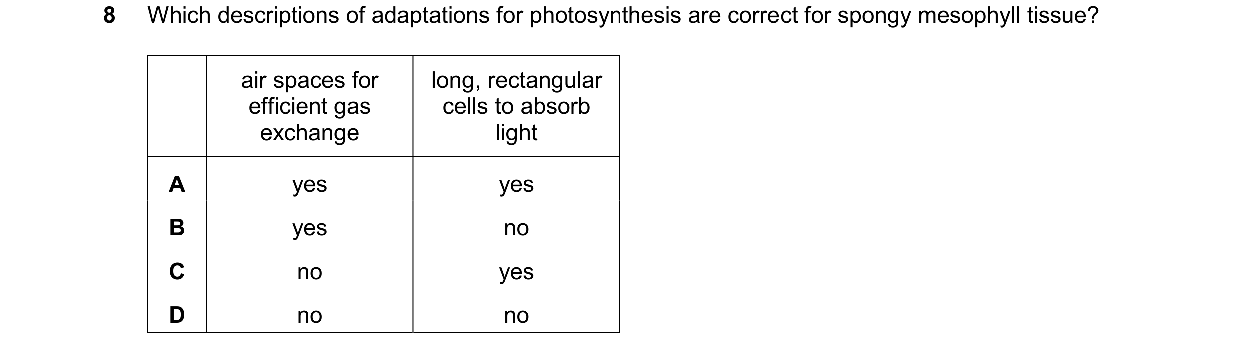 Question 16: Which descriptions of adaptations for photosynthesis are correct for spongy mesophyll tissue? air spaces for long, rectangular efficient ga…