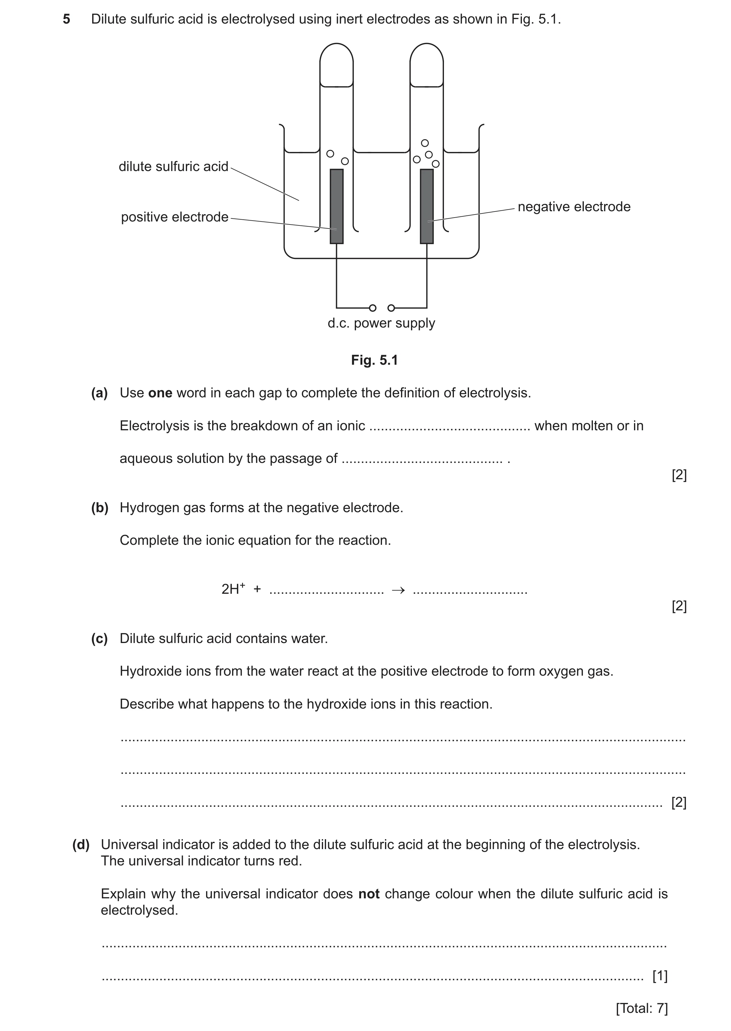 Question 34: Dilute sulfuric acid is electrolysed using inert electrodes as shown in Fig. 5.1. dilute sulfuric acid negative electrode positive electrod…