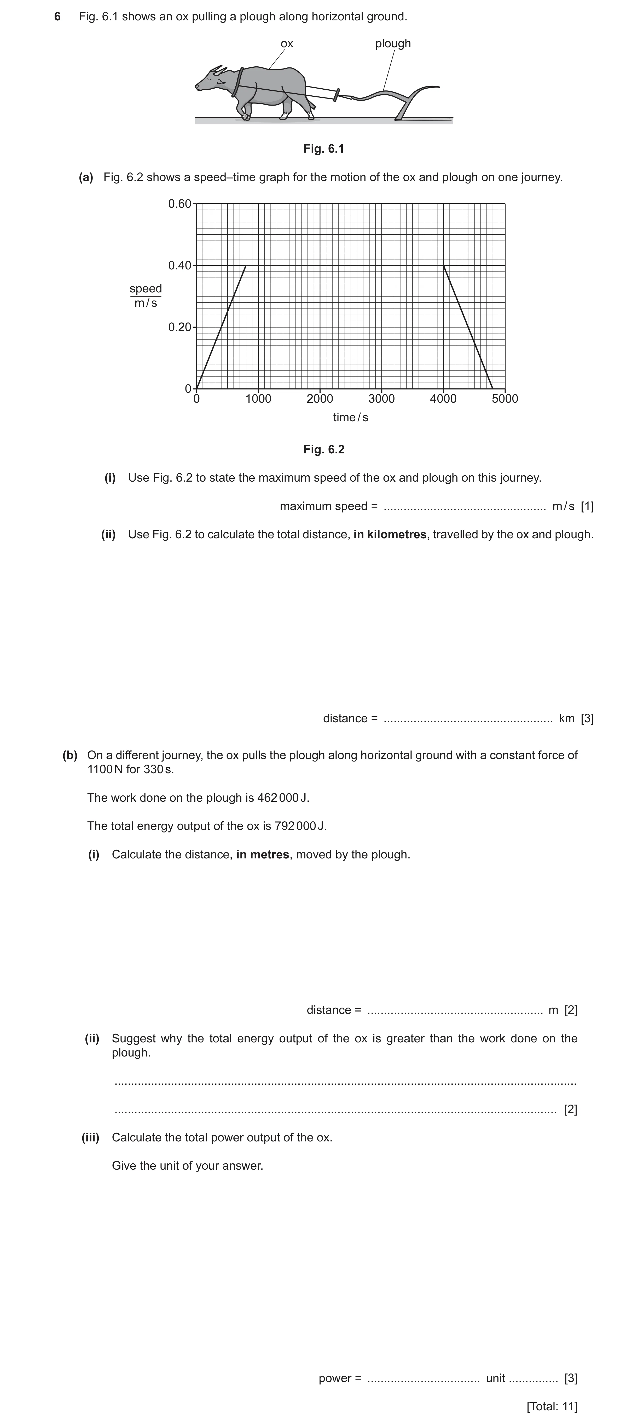 Question 38: Fig. 6.1 shows an ox pulling a plough along horizontal ground. ox plough Fig. 6.1 (a) Fig. 6.2 shows a speed–time graph for the motion of t…