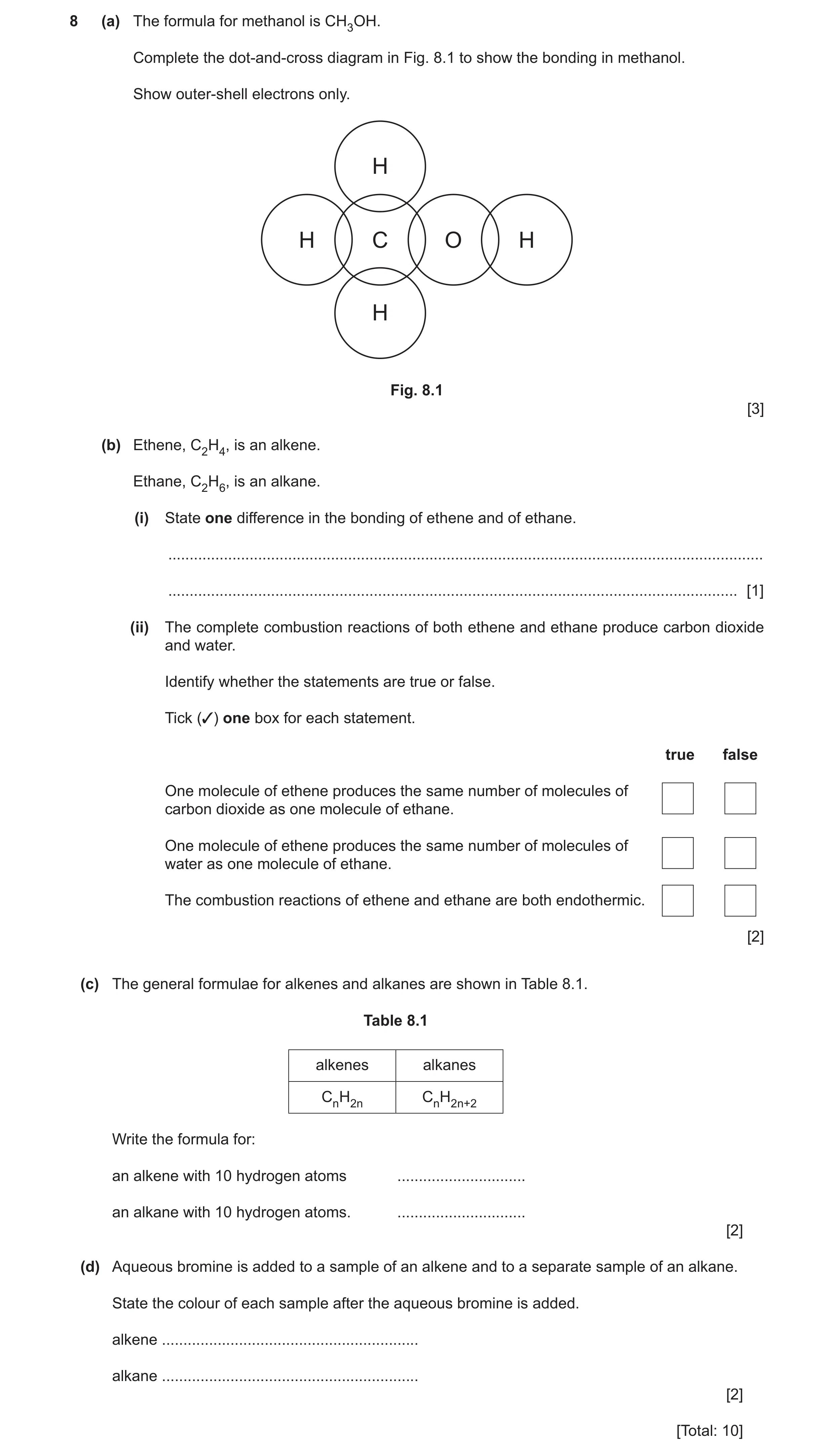 Question 30: (a) The formula for methanol is CH3OH. Complete the dot-and-cross diagram in Fig. 8.1 to show the bonding in methanol. Show outer-shell ele…