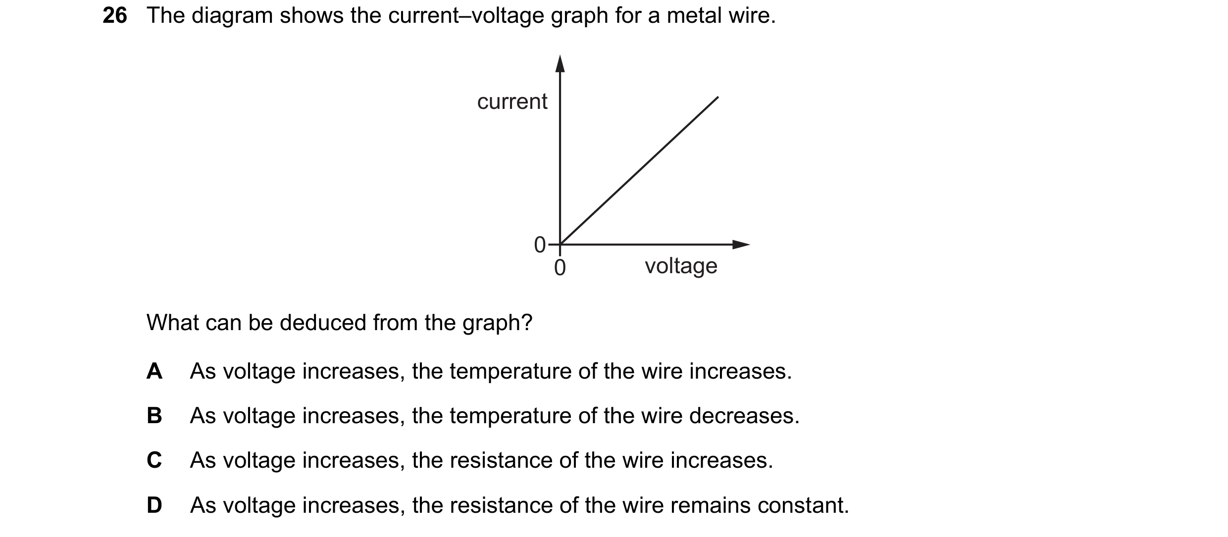 Question 162: The diagram shows the current–voltage graph for a metal wire. current 0 0 voltage What can be deduced from the graph? A As voltage increase…