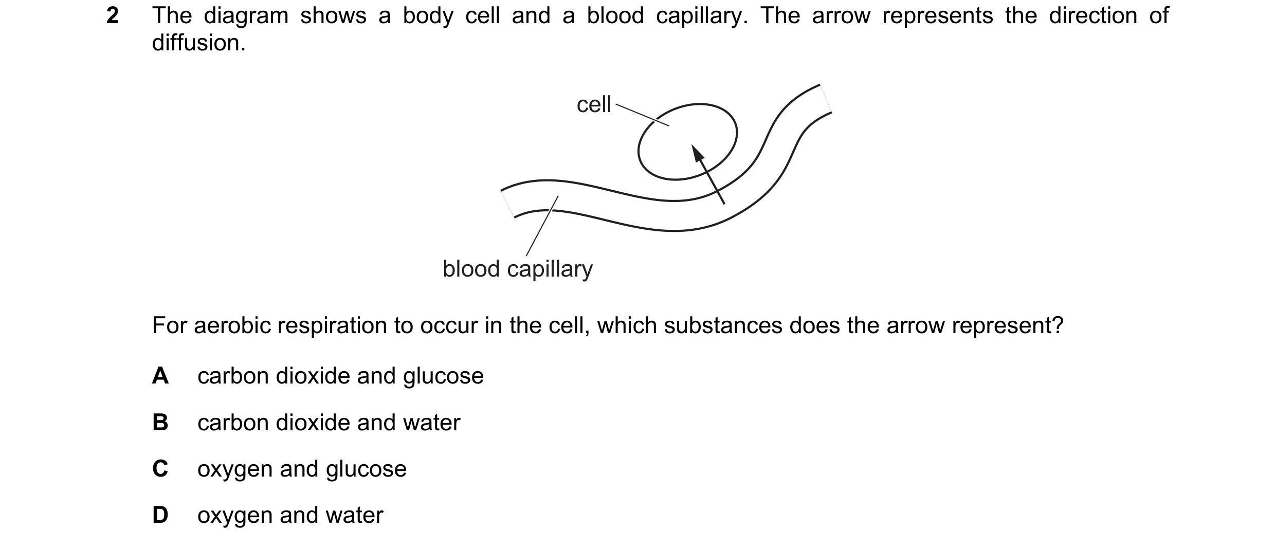 Question 53: The diagram shows a body cell and a blood capillary. The arrow represents the direction of diffusion. cell blood capillary For aerobic resp…
