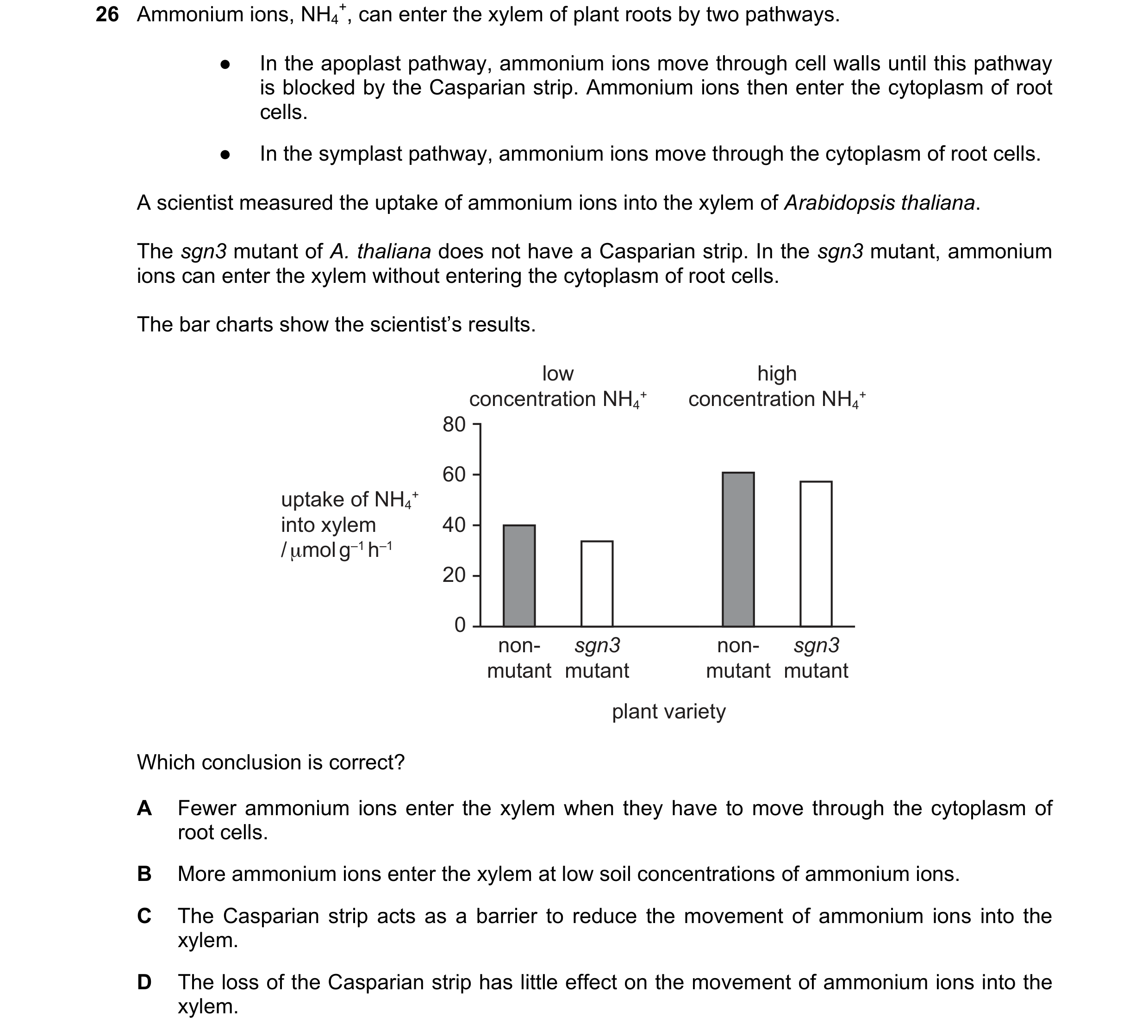 Question 310: Ammonium ions, NH4 +, can enter the xylem of plant roots by two pathways. ● In the apoplast pathway, ammonium ions move through cell walls …
