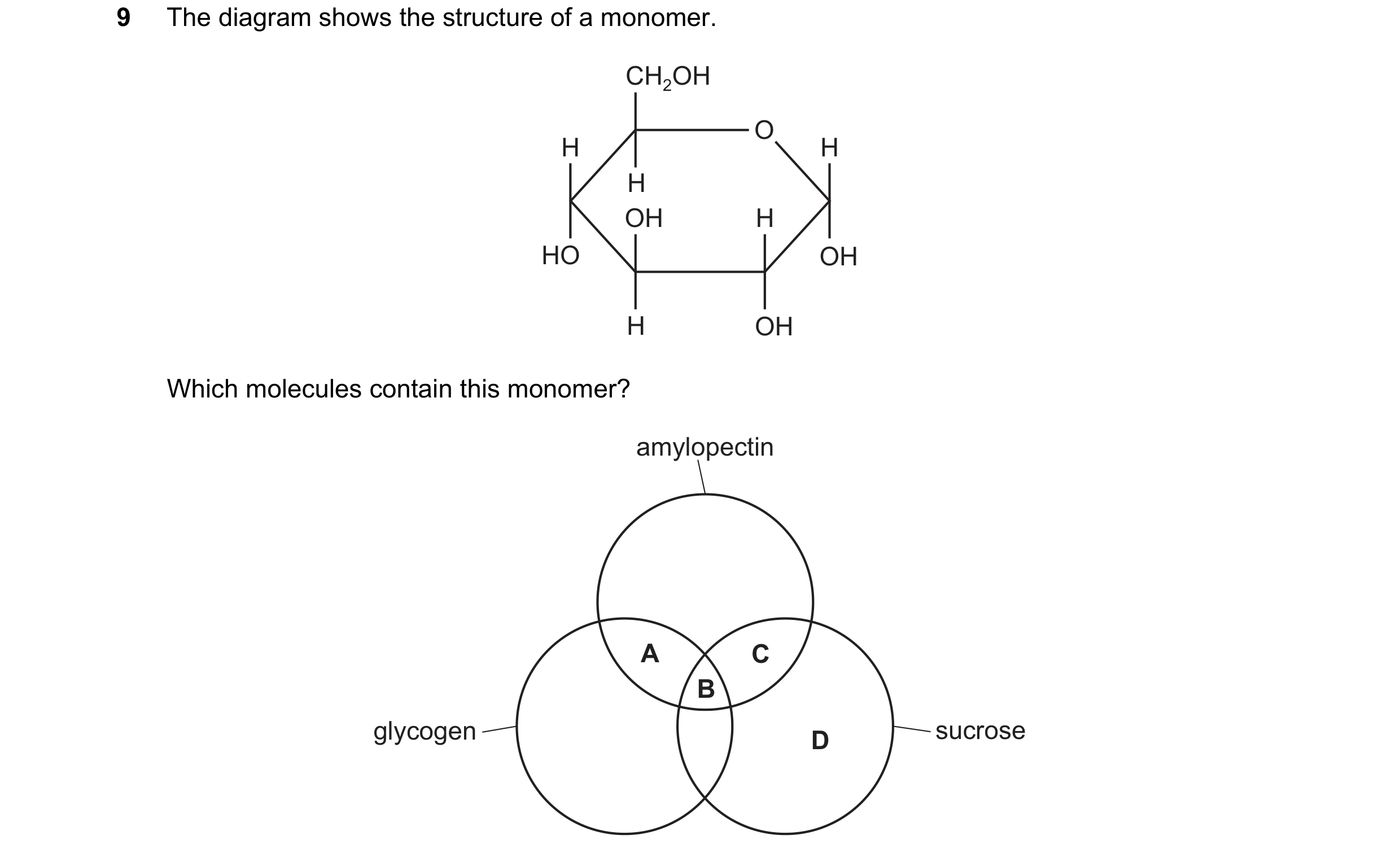 Question 316: The diagram shows the structure of a monomer. CH2OH O H H H OH H HO OH H OH Which molecules contain this monomer? amylopectin A C B glycoge…