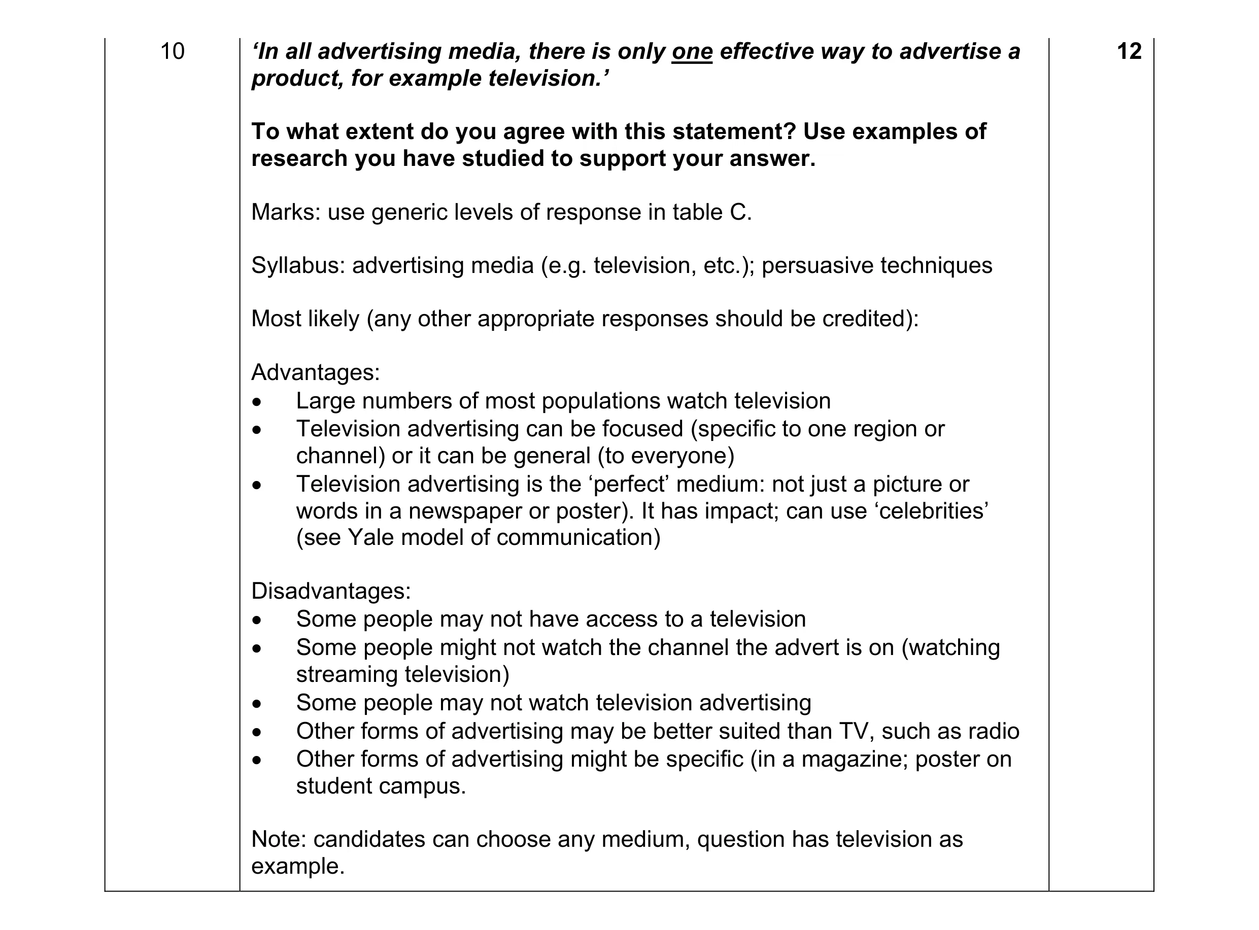 Mark scheme for question 11