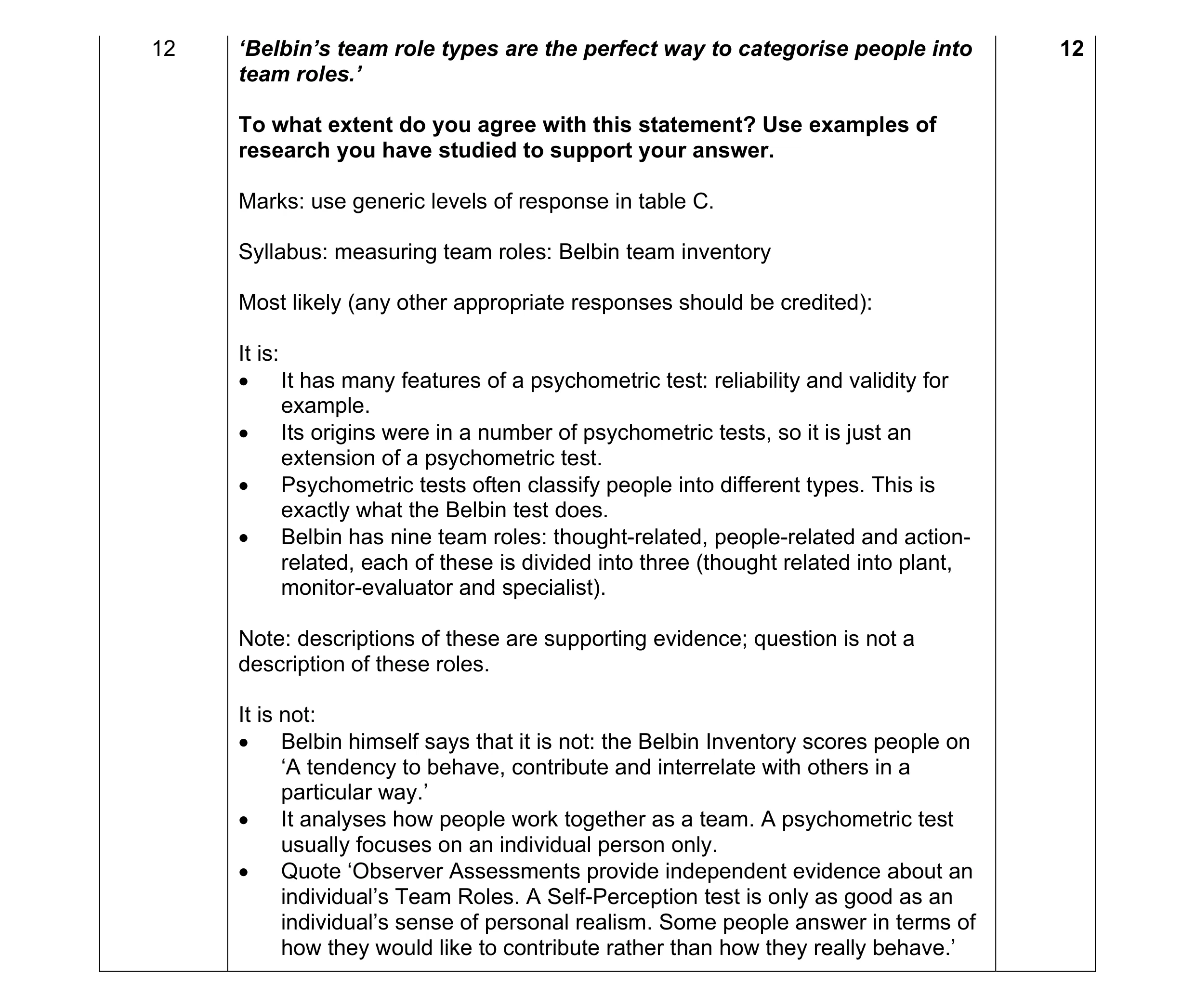 Mark scheme for question 16