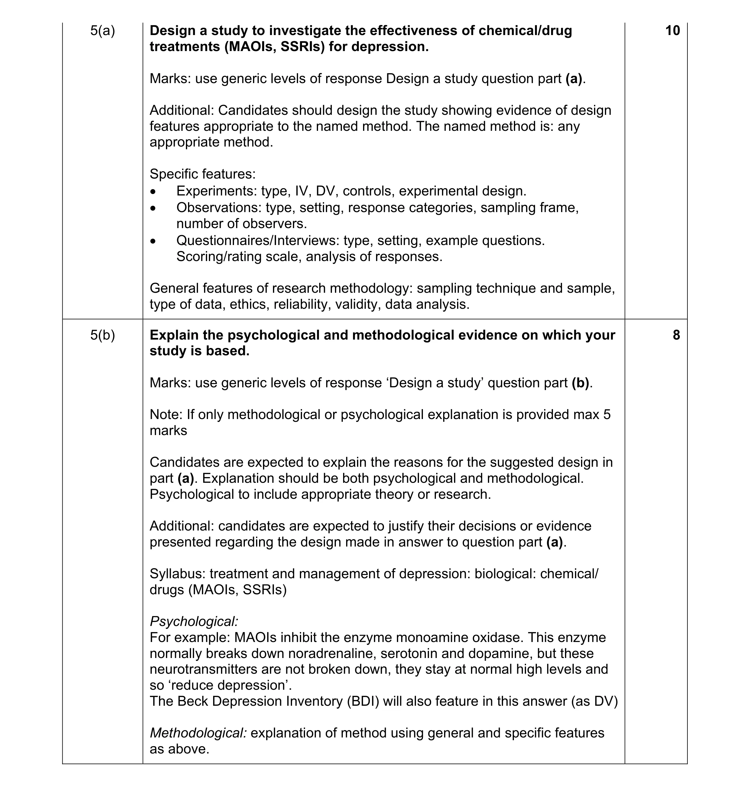 Mark scheme for question 10