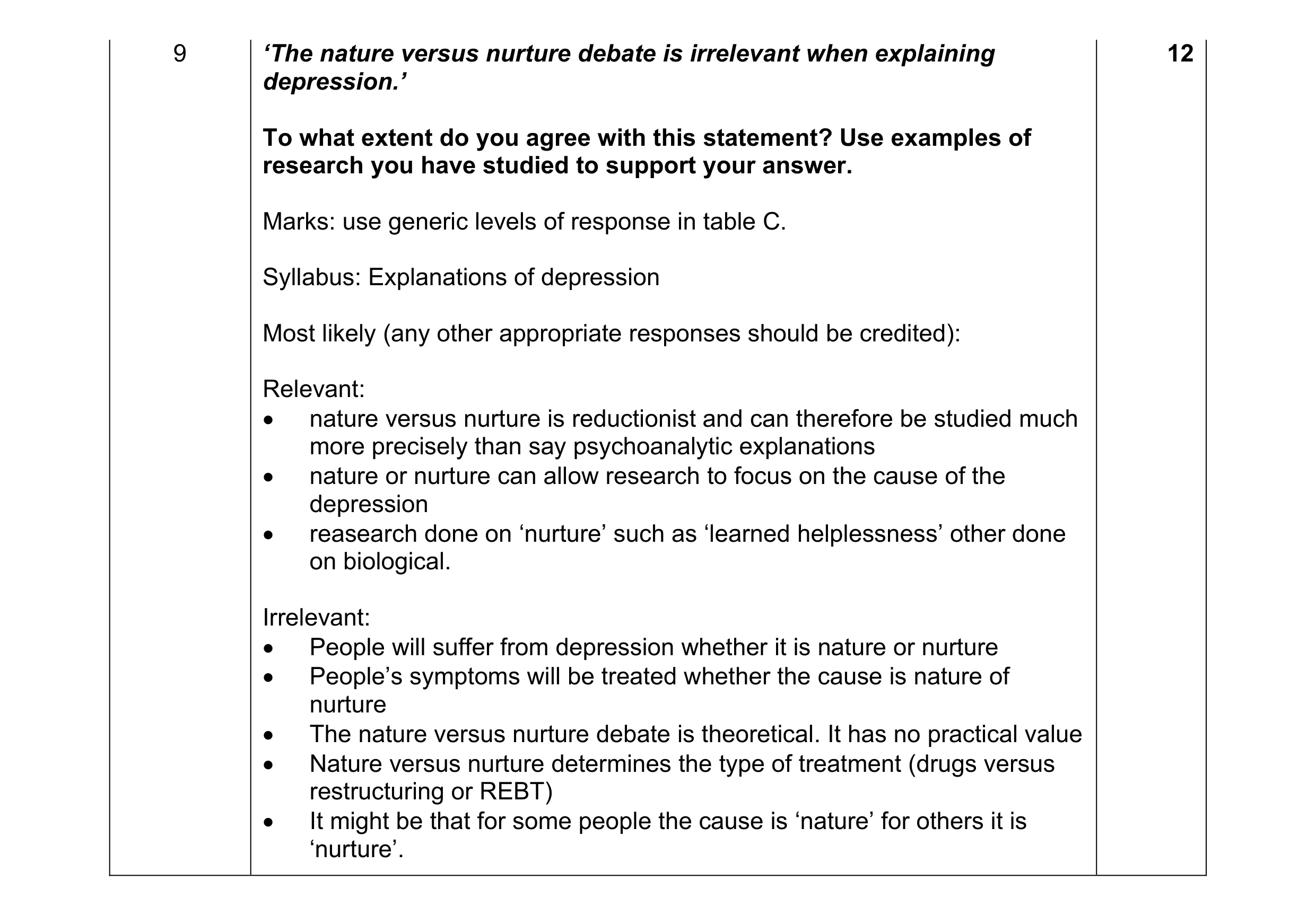 Mark scheme for question 11