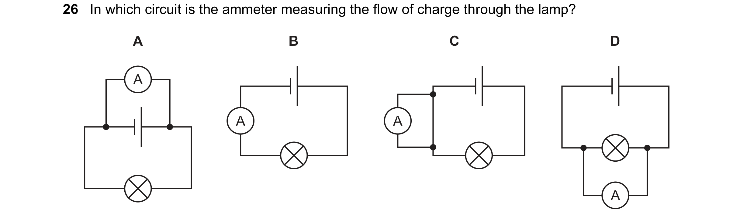 Question 27: In which circuit is the ammeter measuring the flow of charge through the lamp? A B C D A A A A