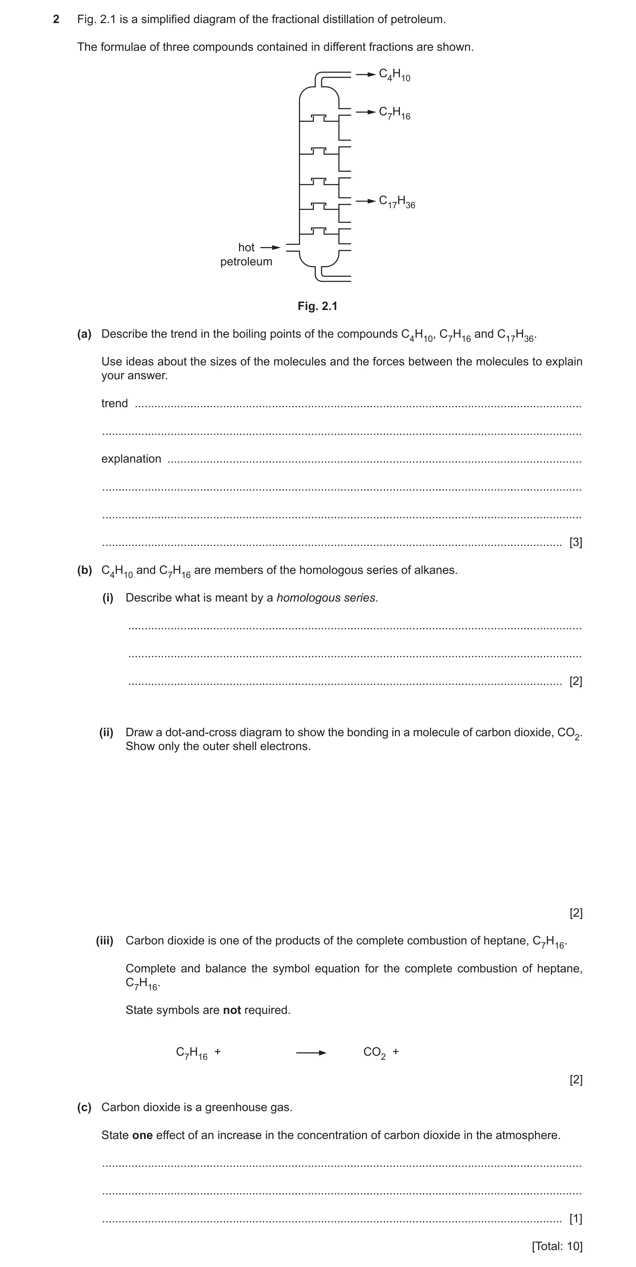Question 8: Fig. 2.1 is a simplified diagram of the fractional distillation of petroleum. The formulae of three compounds contained in different fracti…