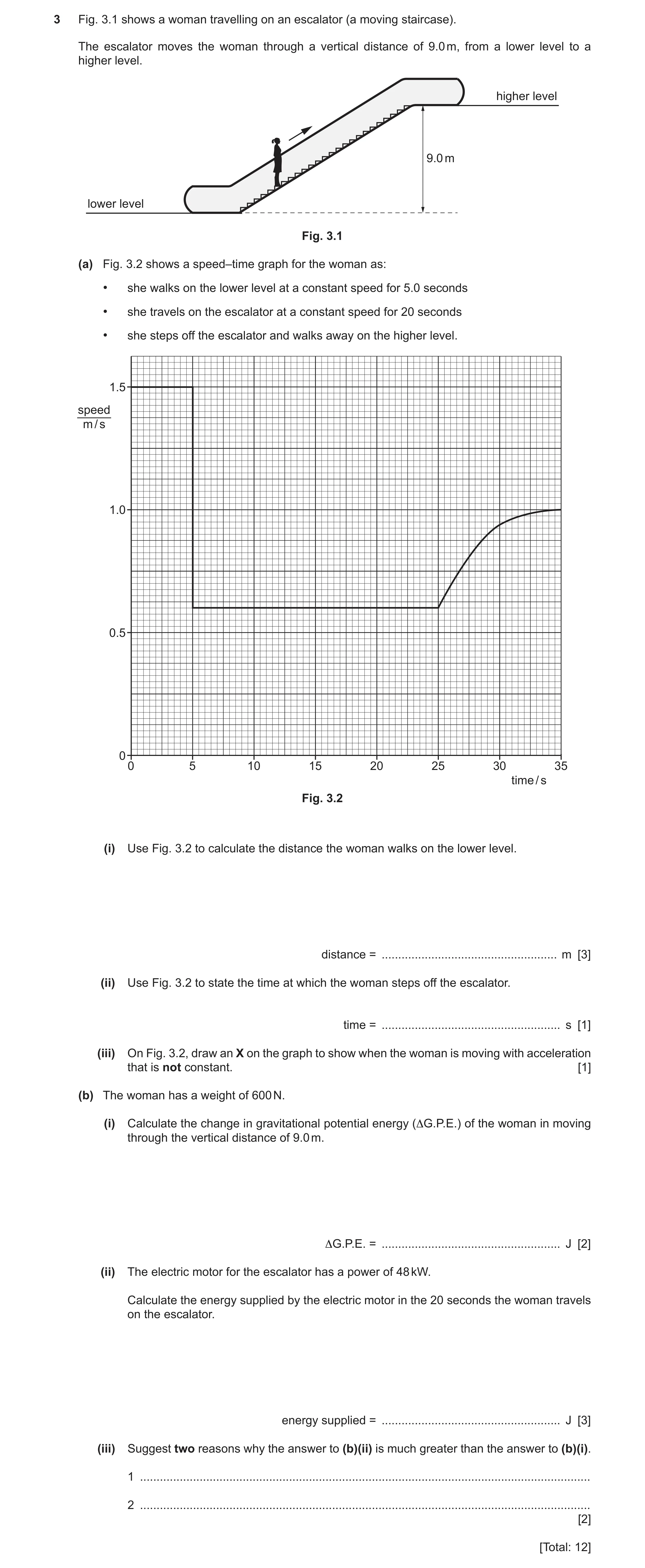 Question 19: Fig. 3.1 shows a woman travelling on an escalator (a moving staircase). The escalator moves the woman through a vertical distance of 9.0 m,…