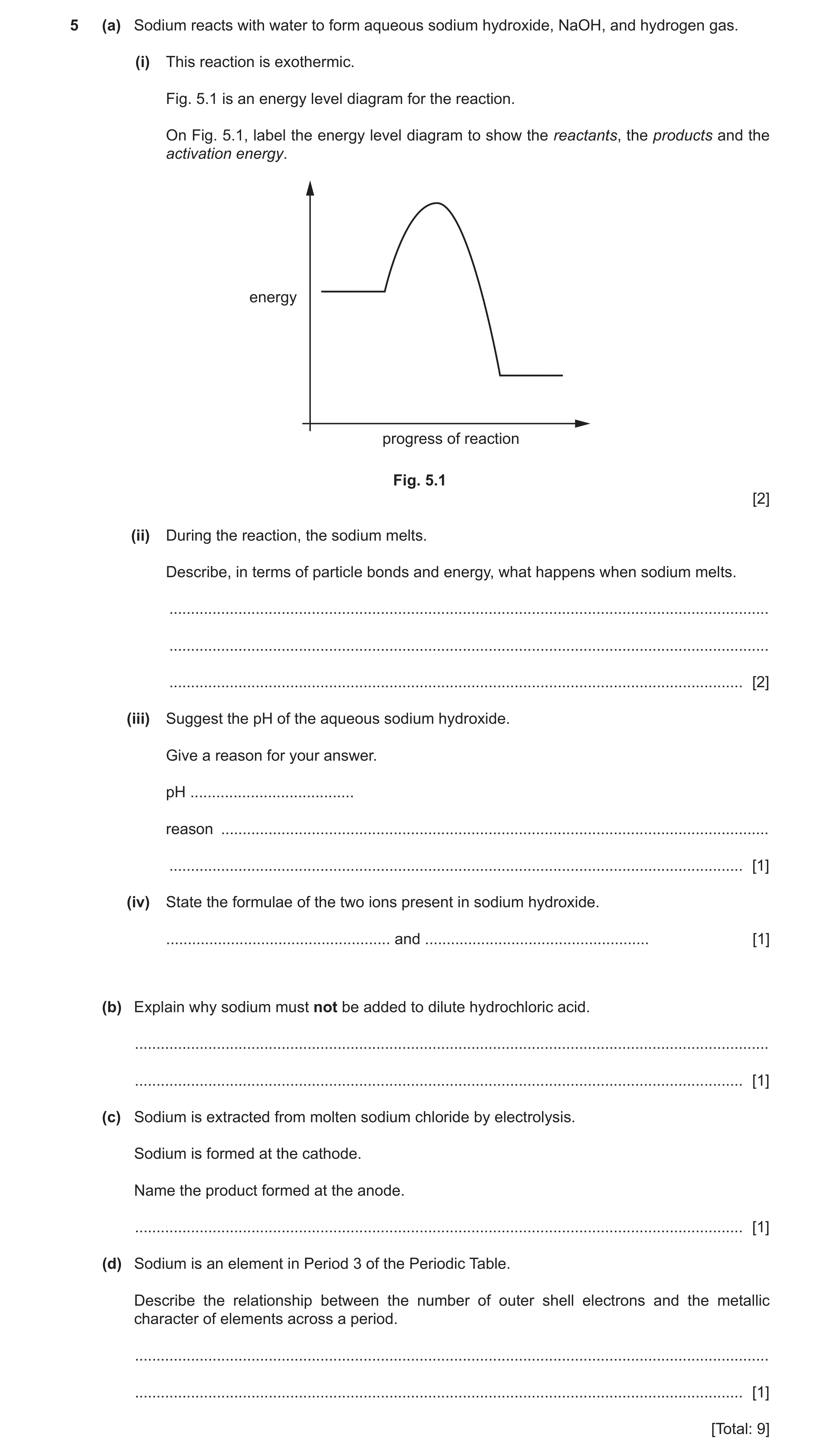 Question 9: (a) Sodium reacts with water to form aqueous sodium hydroxide, NaOH, and hydrogen gas. (i) This reaction is exothermic. Fig. 5.1 is an ener…
