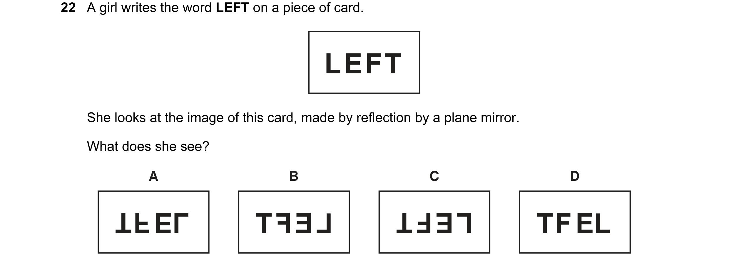 Question 27: A girl writes the word LEFT on a piece of card. LEFT She looks at the image of this card, made by reflection by a plane mirror. What does s…