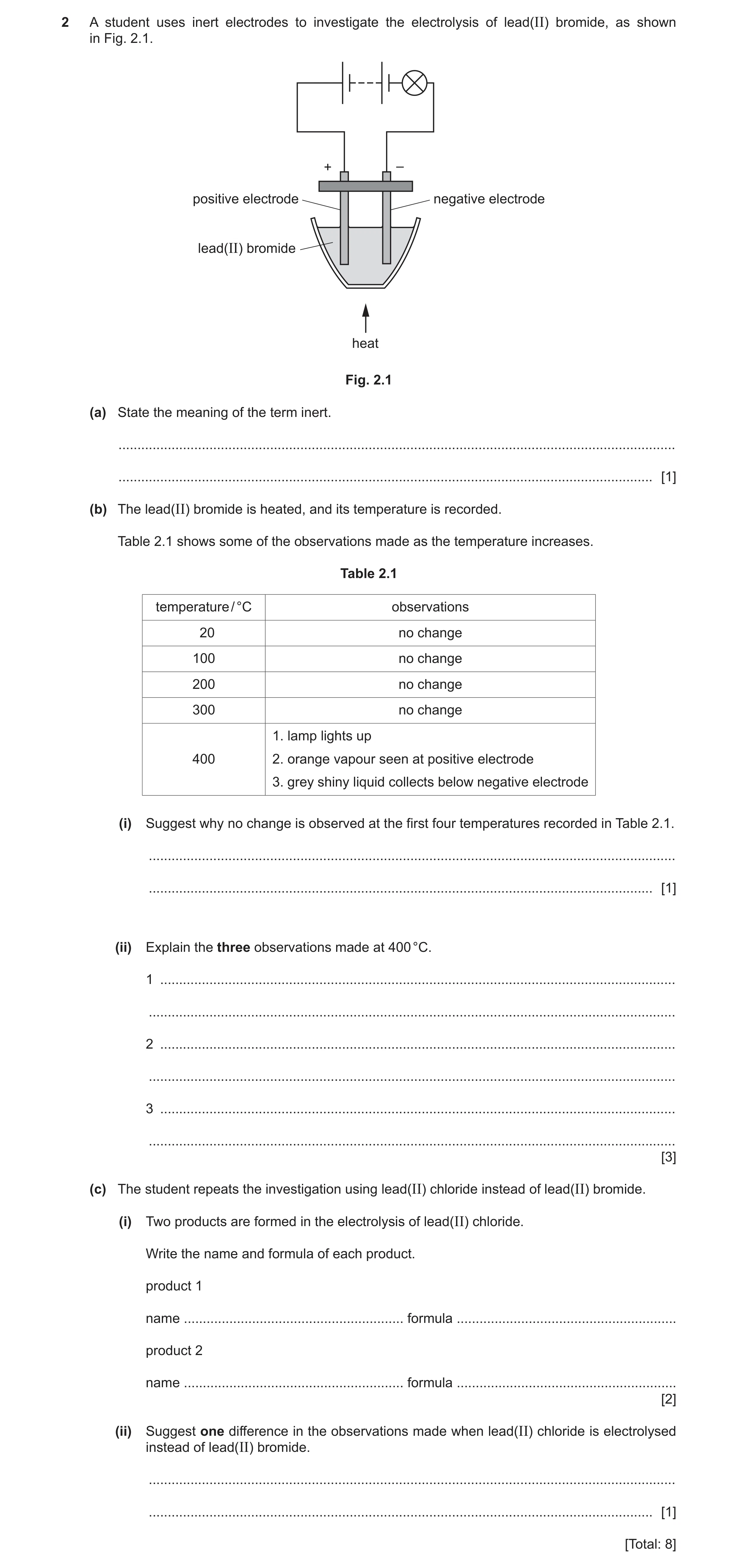 Question 30: A student uses inert electrodes to investigate the electrolysis of lead(II) bromide, as shown in Fig. 2.1. + – positive electrode negative …