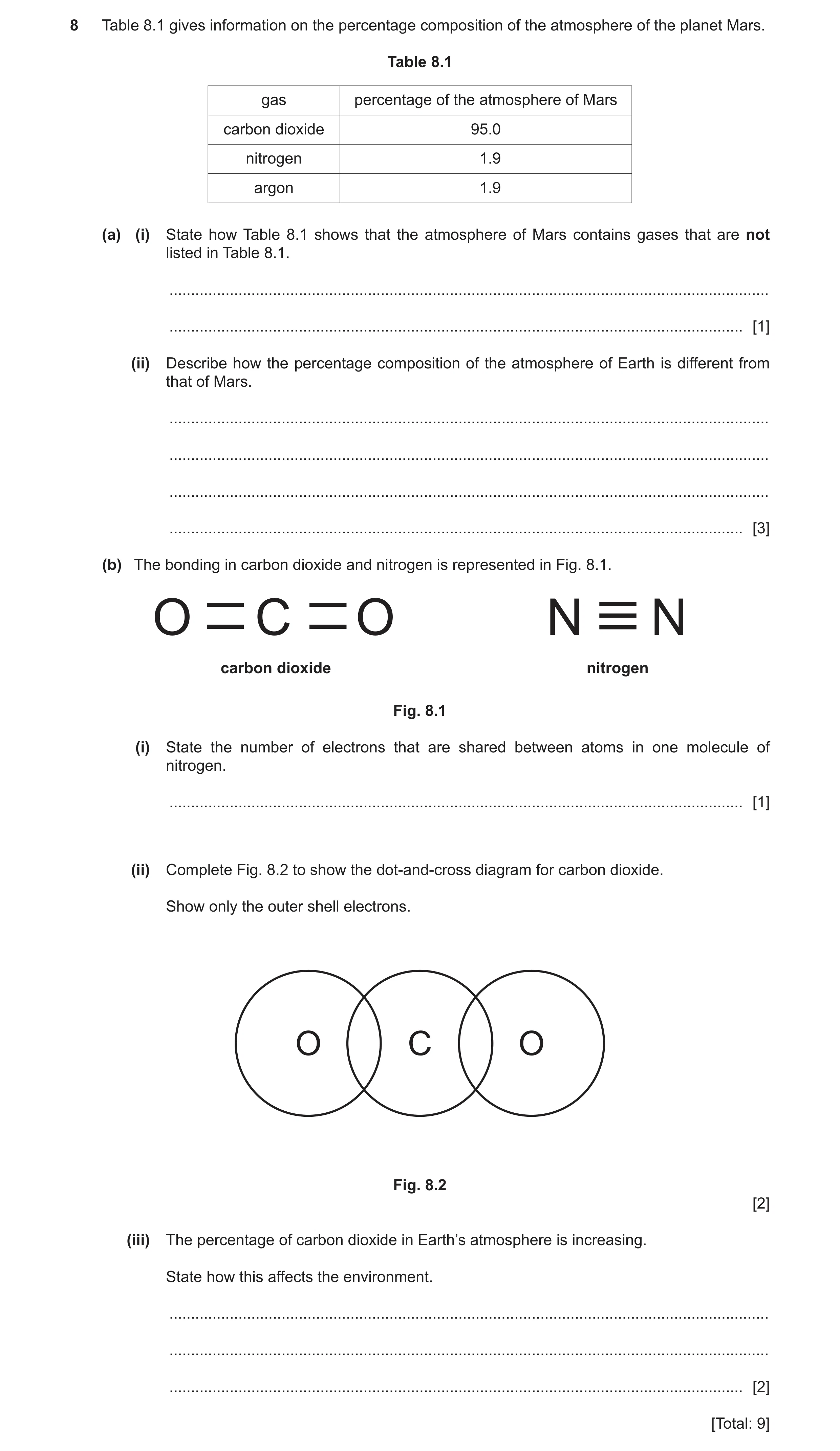 Question 22: Table 8.1 gives information on the percentage composition of the atmosphere of the planet Mars. Table 8.1 gas percentage of the atmosphere …