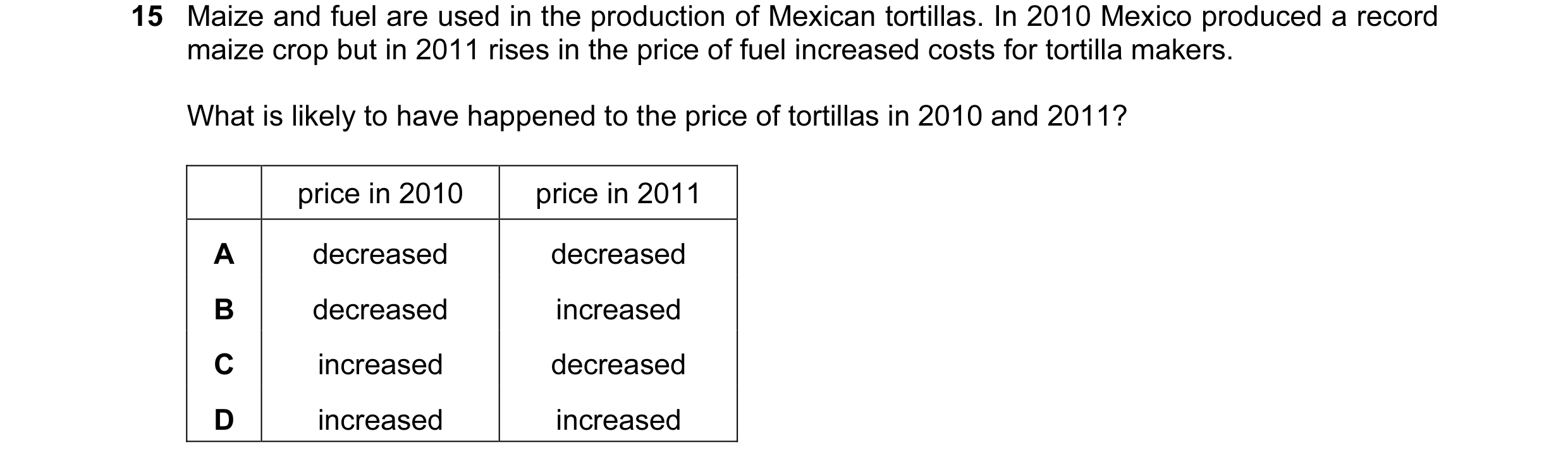 Question 34: Maize and fuel are used in the production of Mexican tortillas. In 2010 Mexico produced a record maize crop but in 2011 rises in the price …