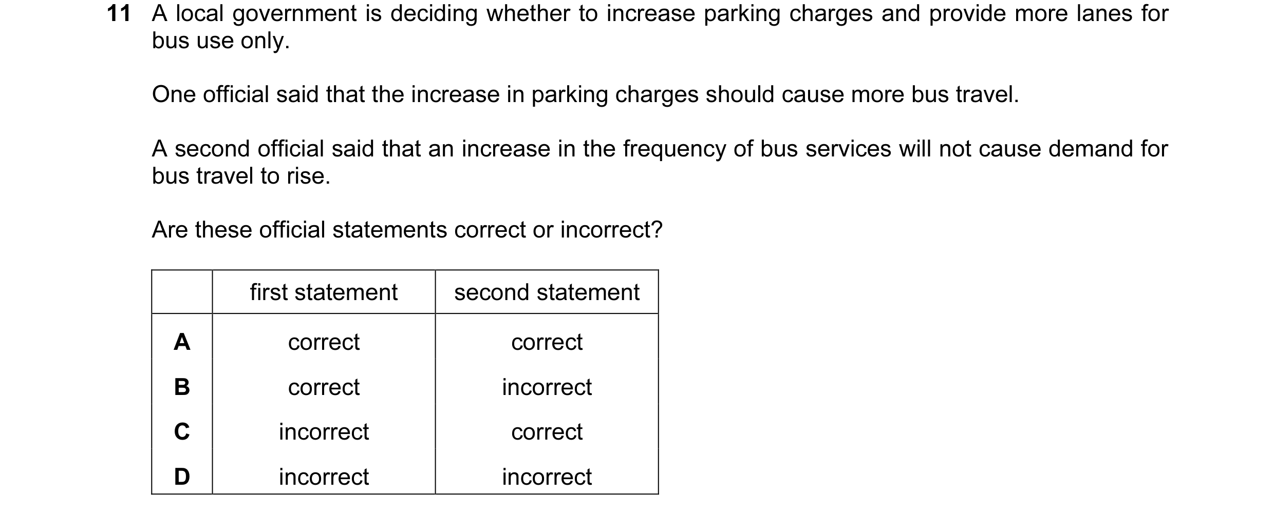 Question 156: A local government is deciding whether to increase parking charges and provide more lanes for bus use only. One official said that the incr…