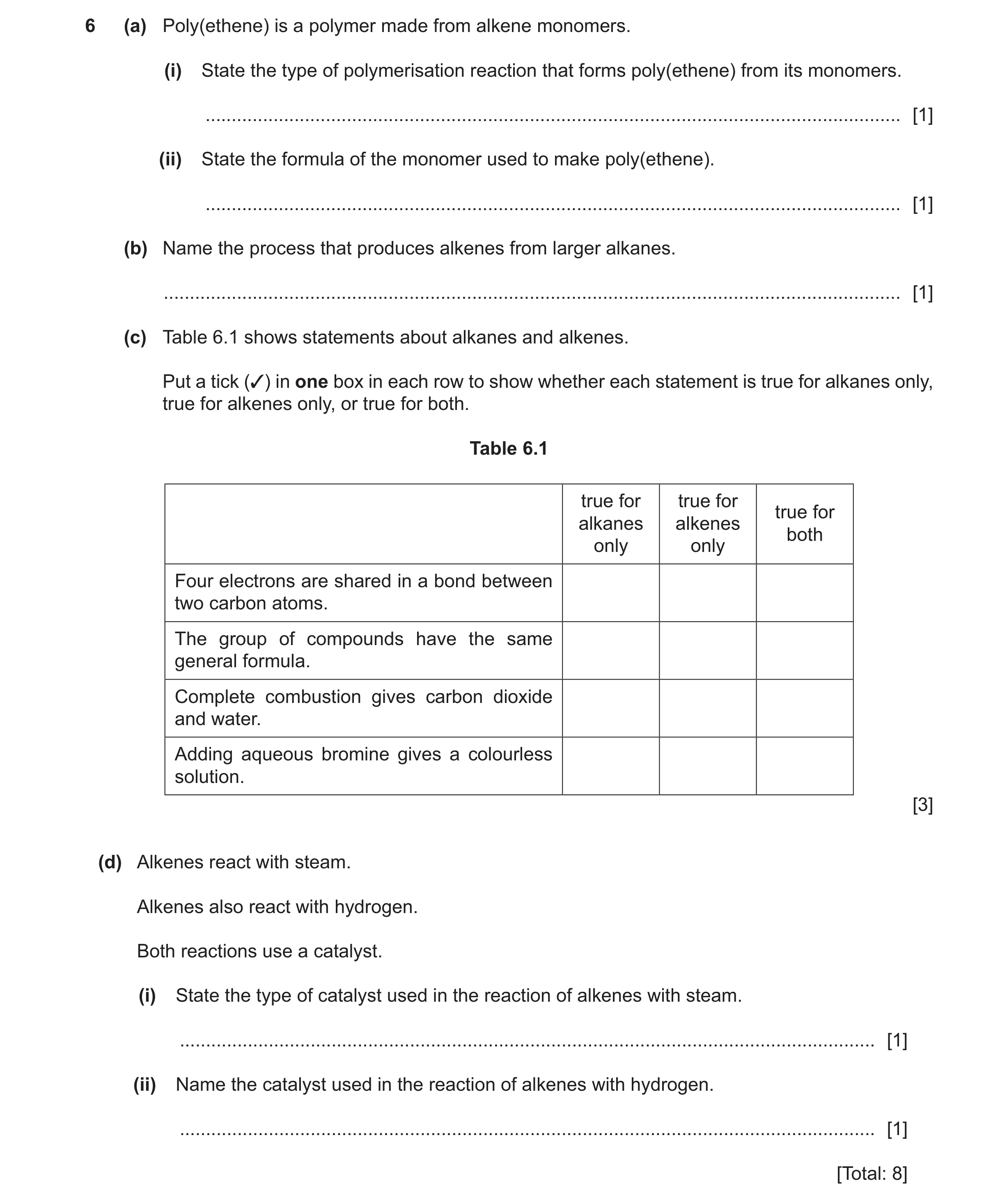 Question 11: (a) Poly(ethene) is a polymer made from alkene monomers. (i) State the type of polymerisation reaction that forms poly(ethene) from its mon…