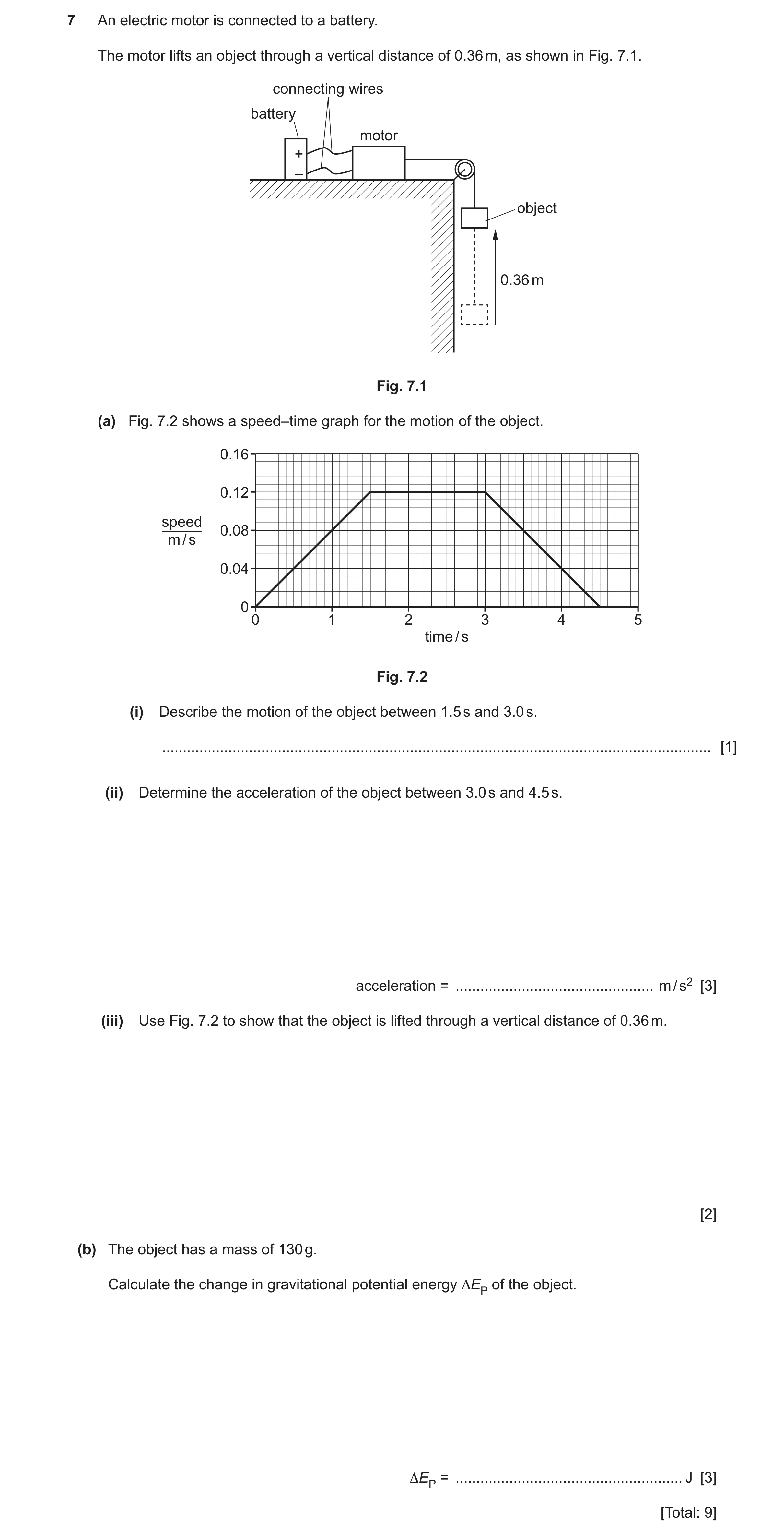 Question 39: An electric motor is connected to a battery. The motor lifts an object through a vertical distance of 0.36 m, as shown in Fig. 7.1. connect…