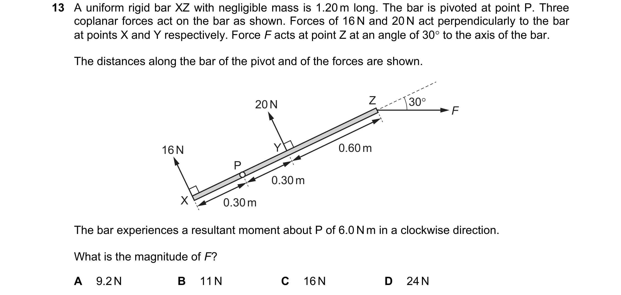 Question 100: A uniform rigid bar XZ with negligible mass is 1.20m long. The bar is pivoted at point P. Three
coplanar forces act on the bar as shown. Fo…