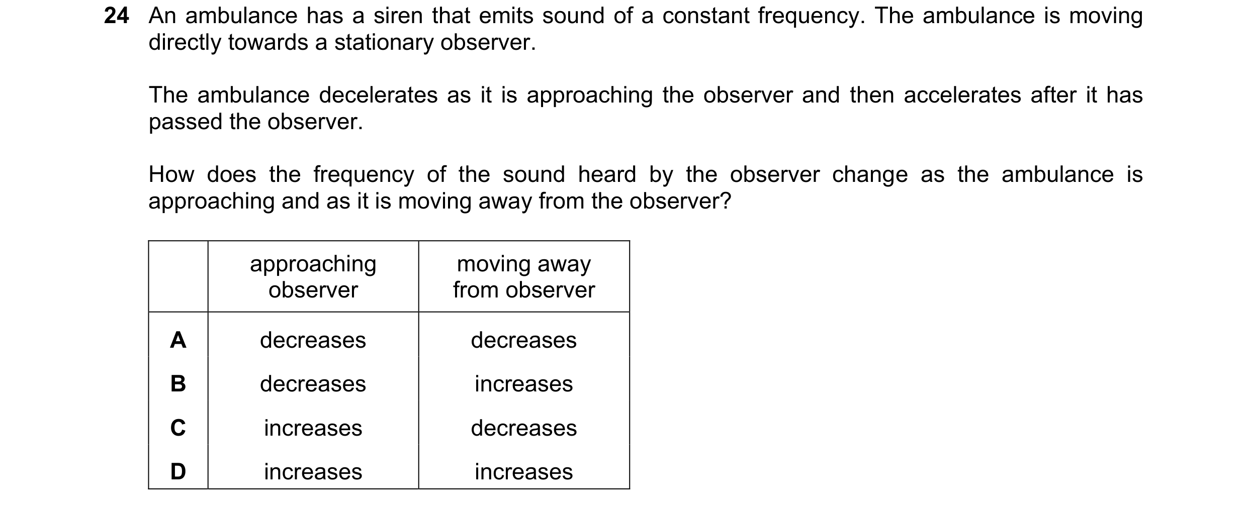 Question 38: An ambulance has a siren that emits sound of a constant frequency. The ambulance is moving directly towards a stationary observer. The ambu…