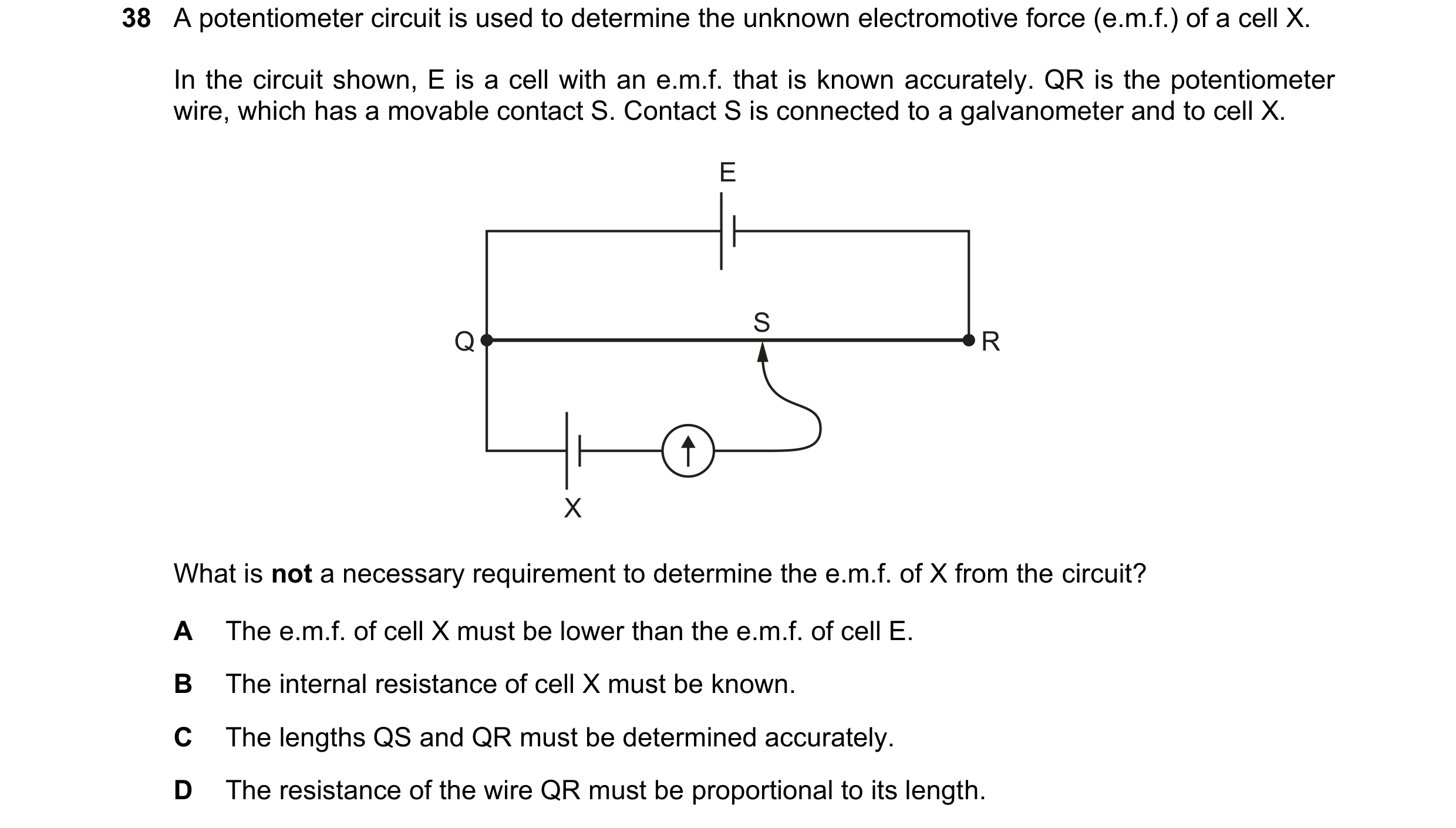 Question 173: A potentiometer circuit is used to determine the unknown electromotive force (e.m.f.) of a cell X. In the circuit shown, E is a cell with a…