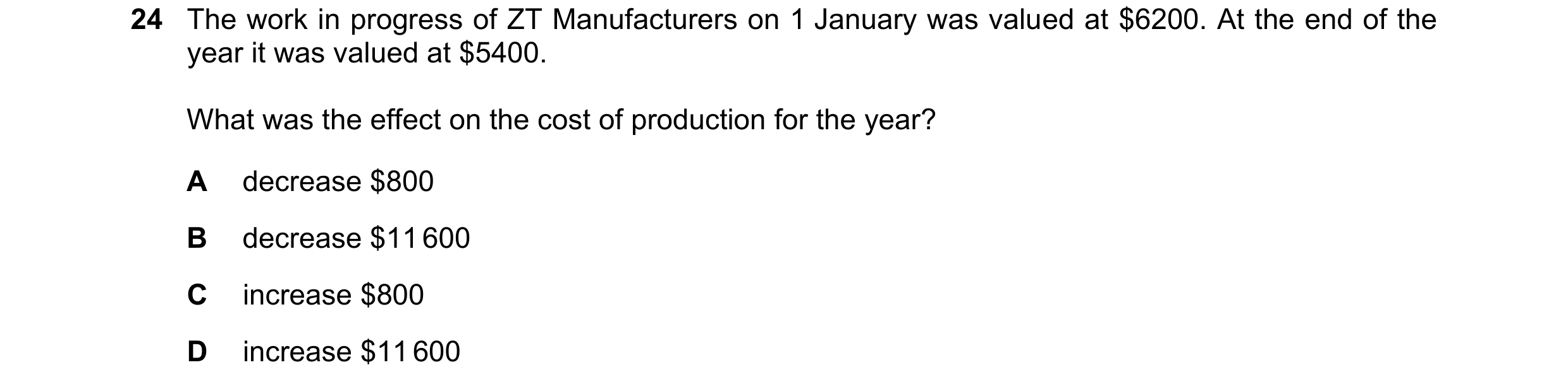 Question 6: The work in progress of ZT Manufacturers on 1 January was valued at $6200. At the end of the year it was valued at $5400. What was the effe…