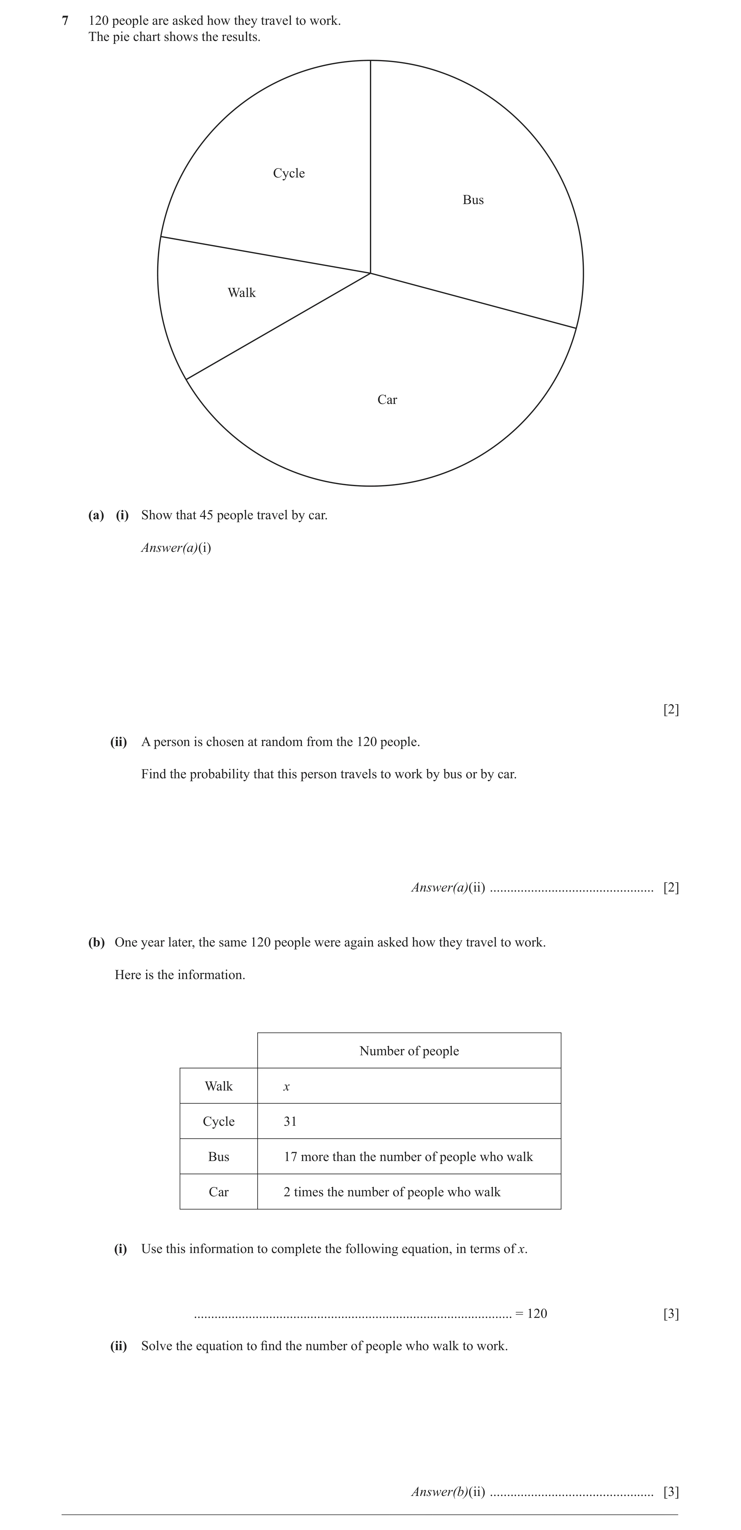 Question 6: 120 people are asked how they travel to work. The pie chart shows the results. Cycle Bus Walk Car (a) (i) Show that 45 people travel by car…