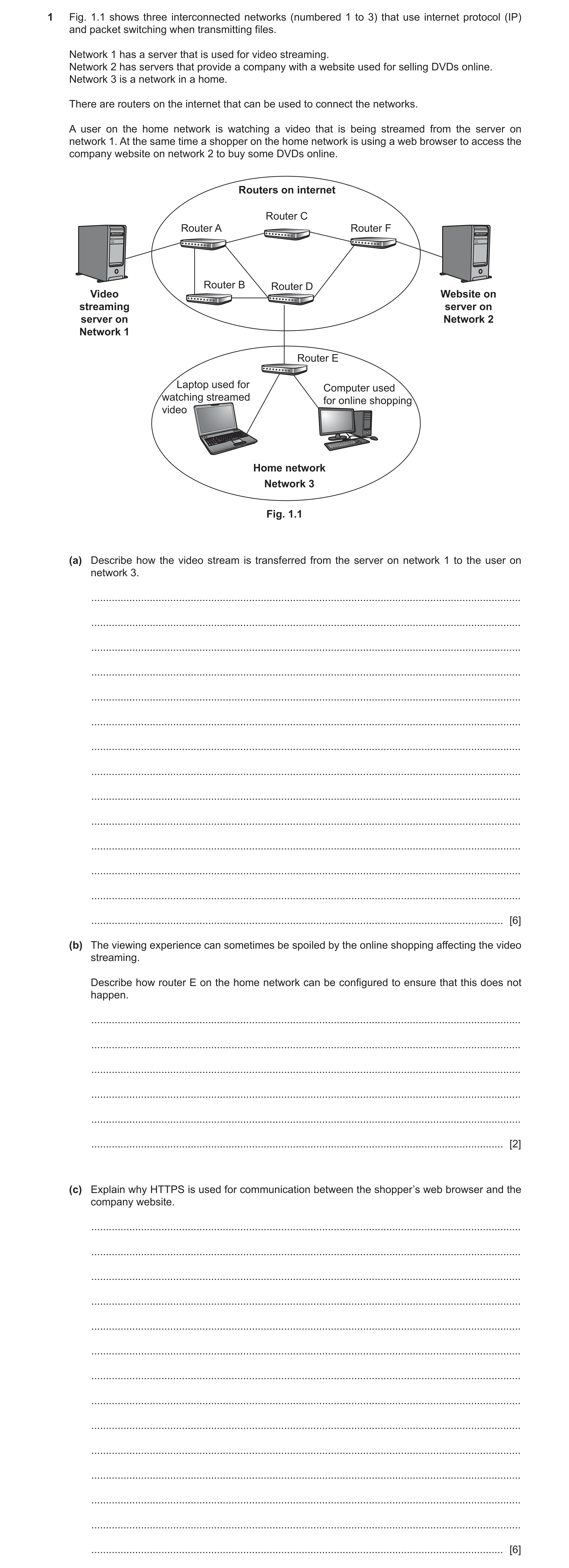 Question 8: Fig. 1.1 shows three interconnected networks (numbered 1 to 3) that use internet protocol (IP) and packet switching when transmitting files…