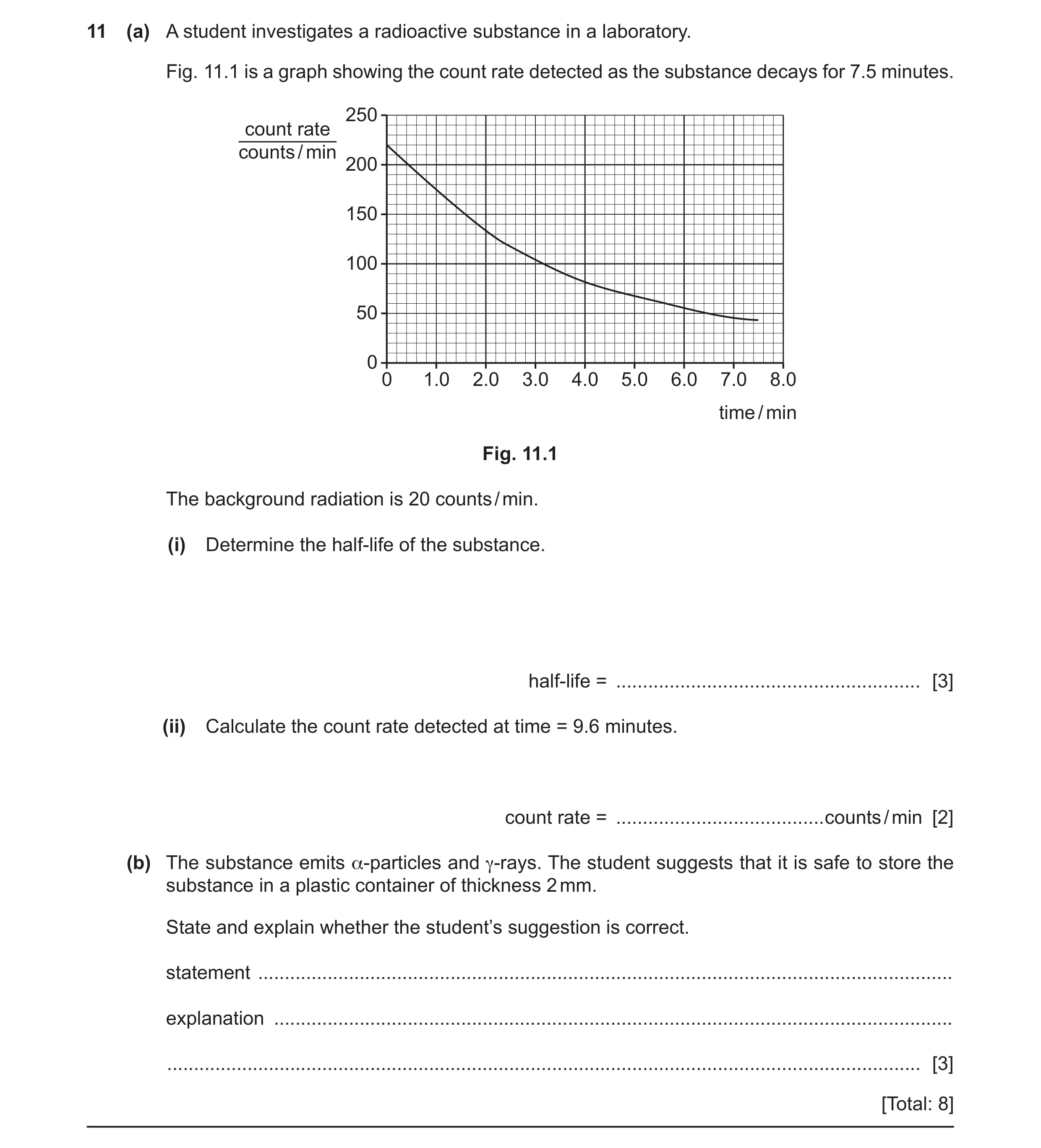 Question 39: (a) A student investigates a radioactive substance in a laboratory. Fig. 11.1 is a graph showing the count rate detected as the substance d…