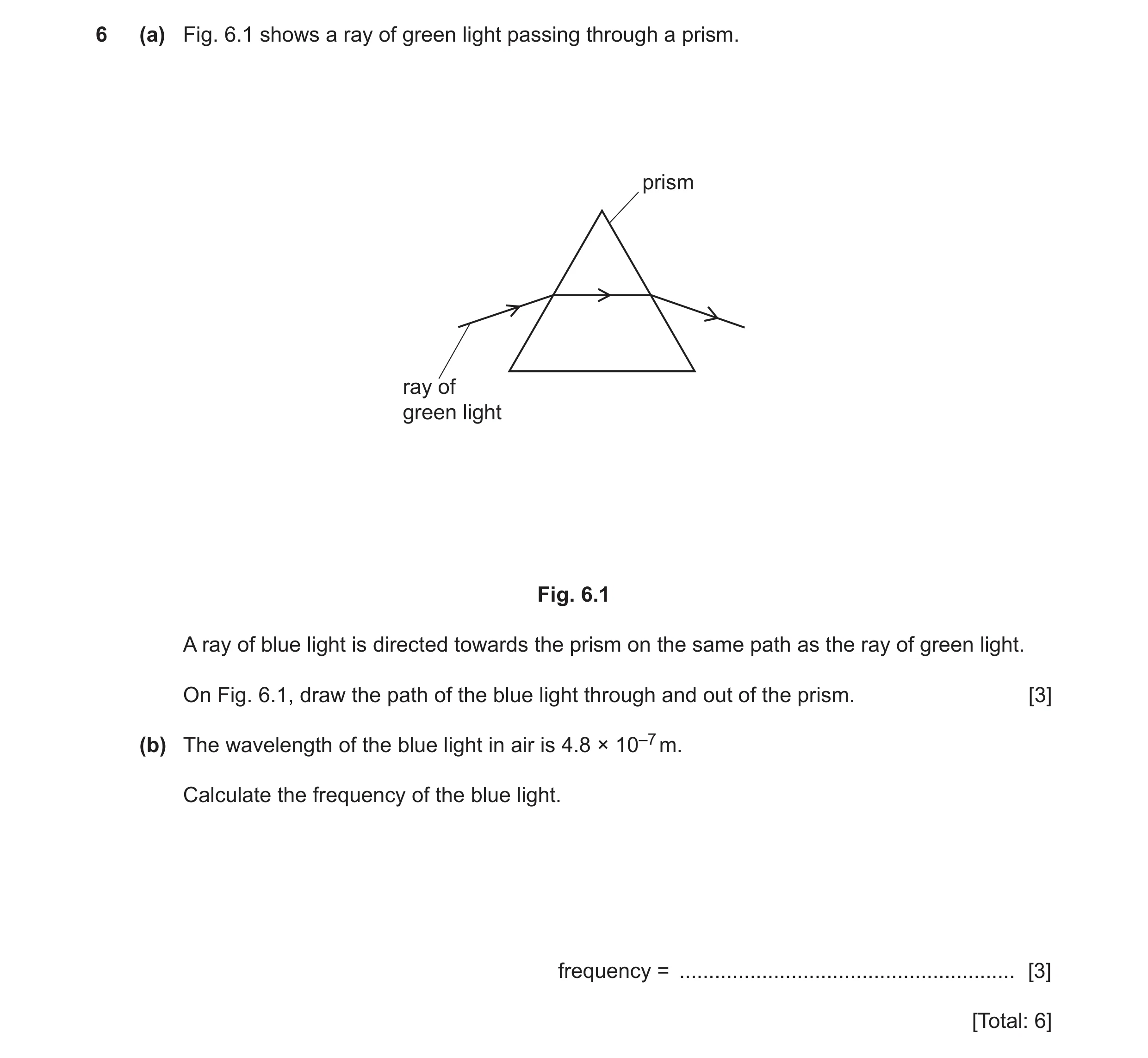 Question 19: (a) Fig. 6.1 shows a ray of green light passing through a prism. prism ray of green light Fig. 6.1 A ray of blue light is directed towards …
