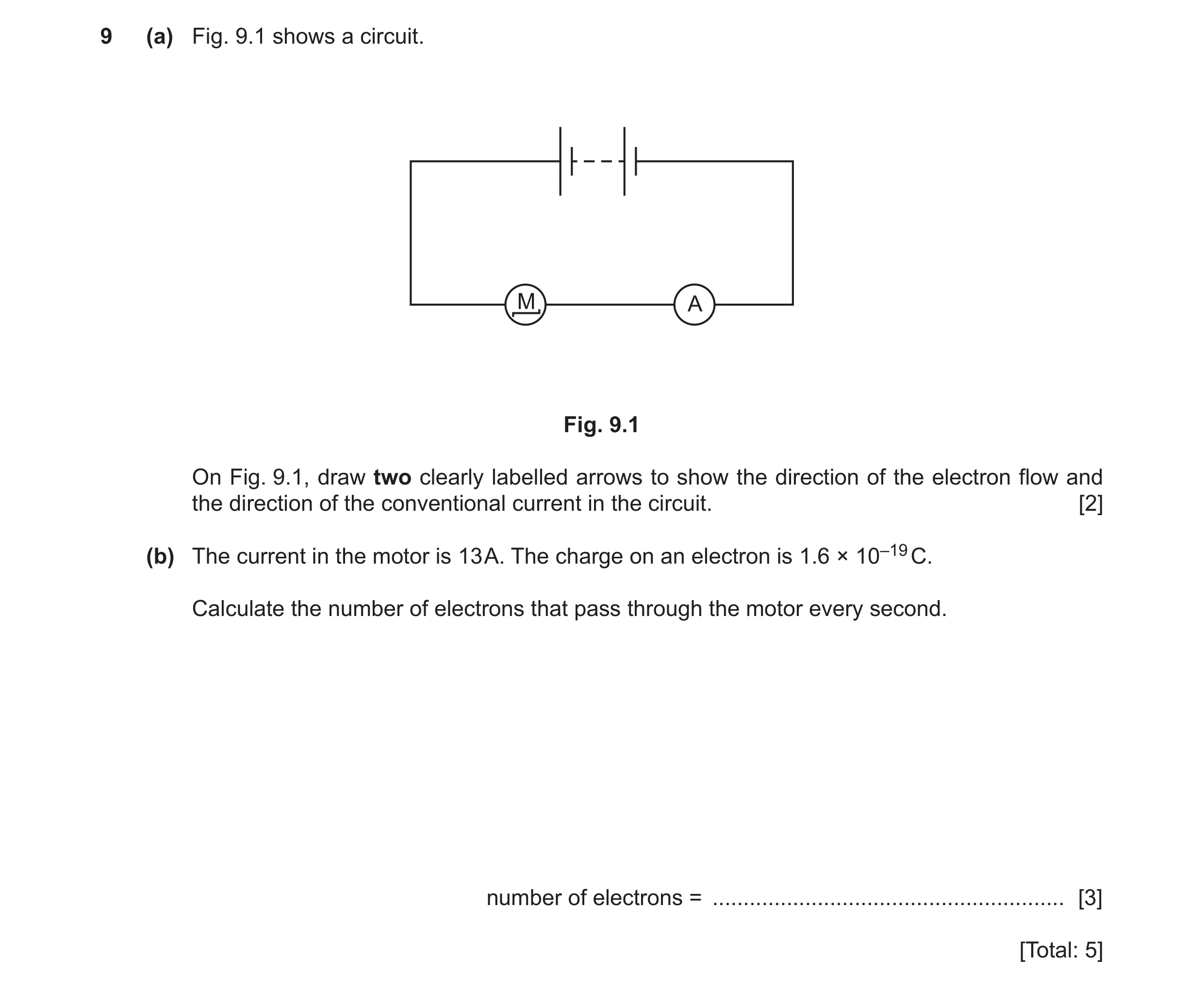 Question 29: (a) Fig. 9.1 shows a circuit. M A Fig. 9.1 On Fig. 9.1, draw two clearly labelled arrows to show the direction of the electron flow and the…