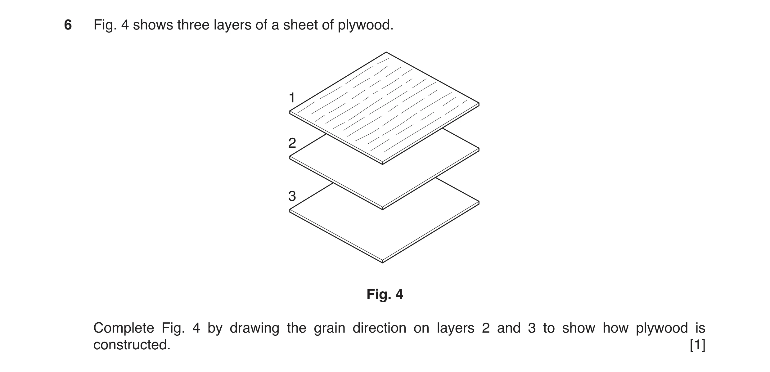Question 15: Fig. 4 shows three layers of a sheet of plywood. 1 2 3 Fig. 4 Complete Fig. 4 by drawing the grain direction on layers 2 and 3 to show how …