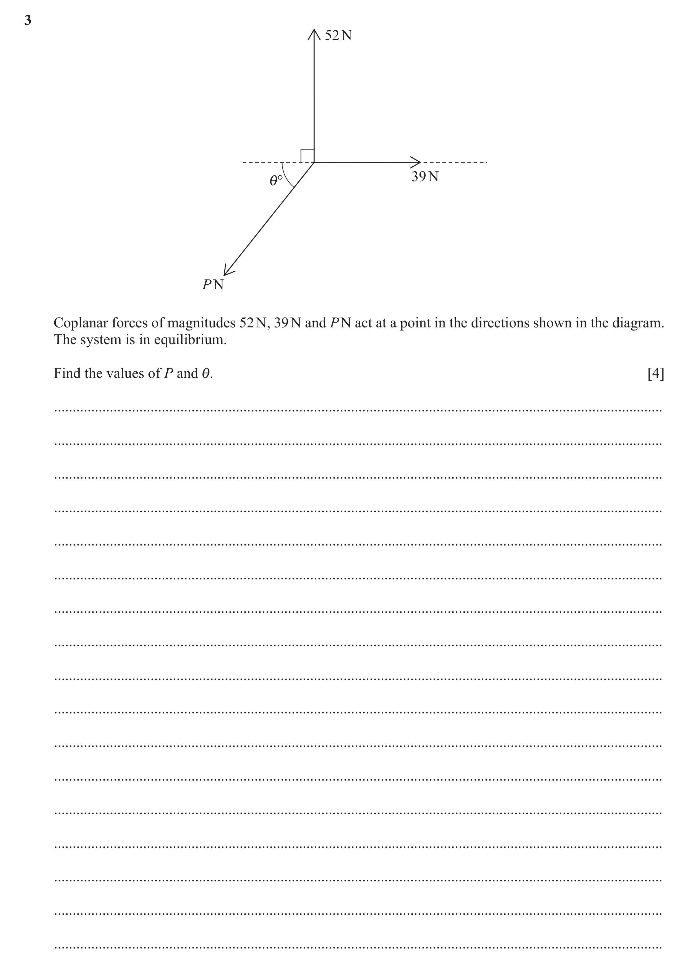 Question 197: 52 N 39 N i° P N Coplanar forces of magnitudes 52 N, 39 N and P N act at a point in the directions shown in the diagram. The system is in e…