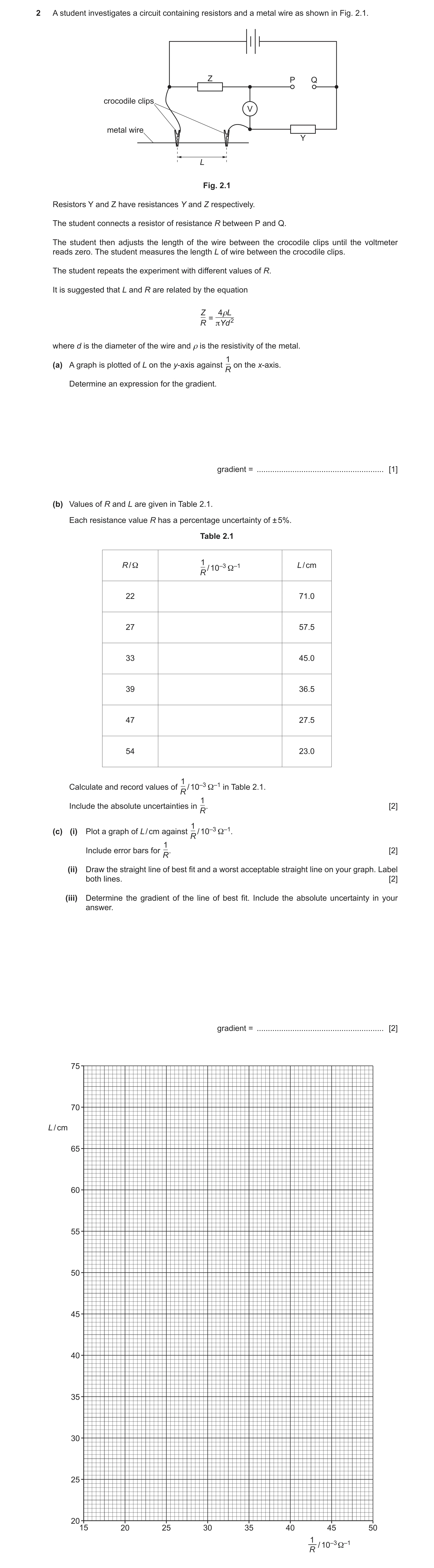 Question 64: A student investigates a circuit containing resistors and a metal wire as shown in Fig. 2.1. Z P Q crocodile clips V metal wire Y L Fig. 2.…