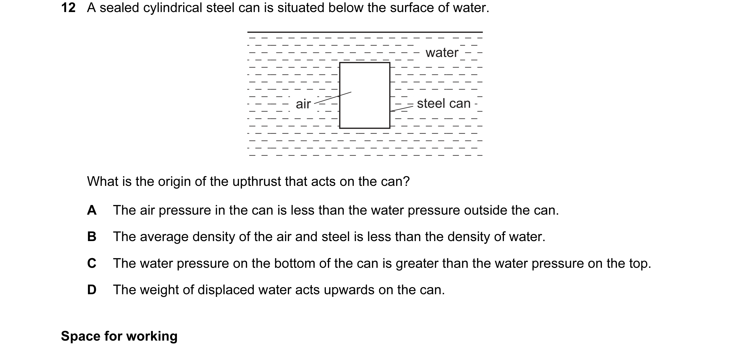 Question 55: A sealed cylindrical steel can is situated below the surface of water. water air steel can What is the origin of the upthrust that acts on …