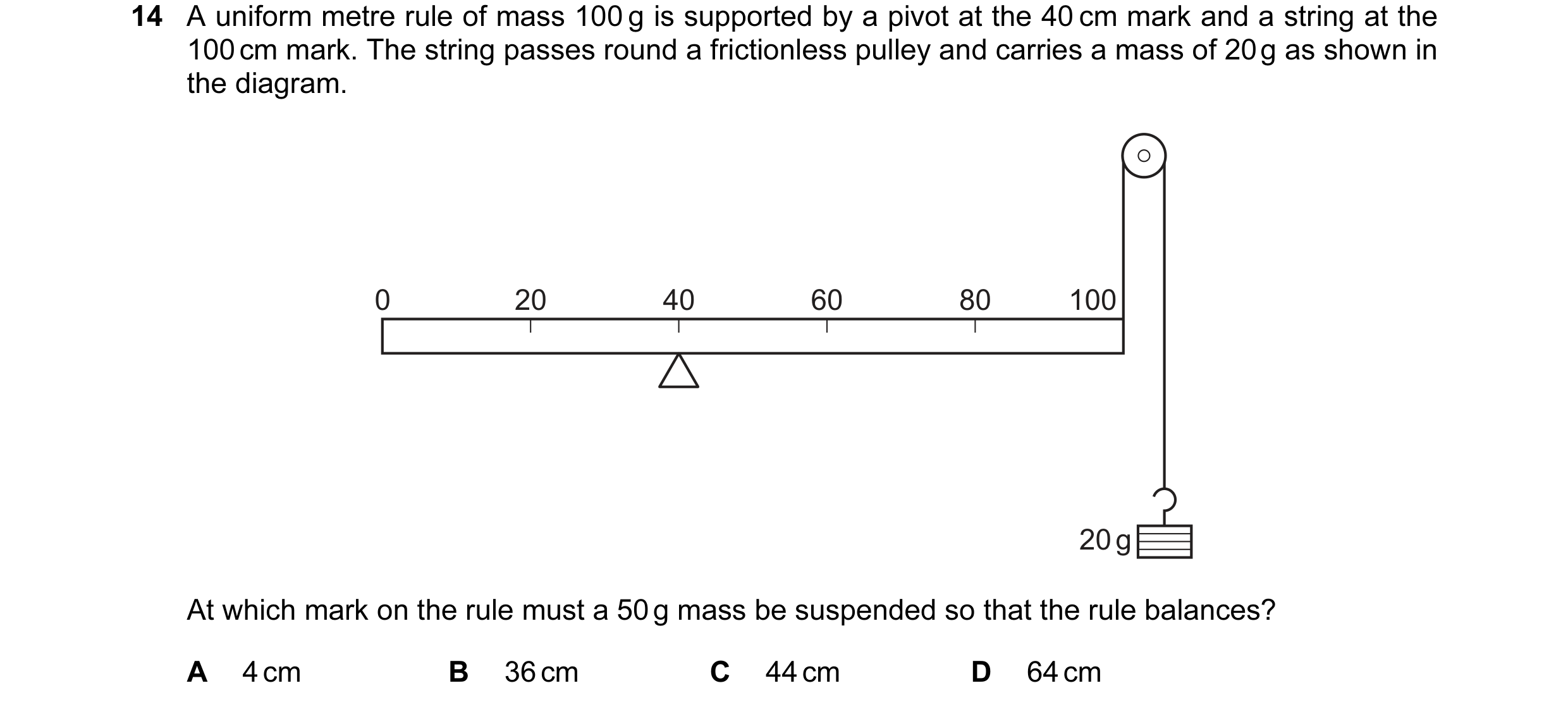 Question 47: A uniform metre rule of mass 100 g is supported by a pivot at the 40 cm mark and a string at the 100 cm mark. The string passes round a fri…