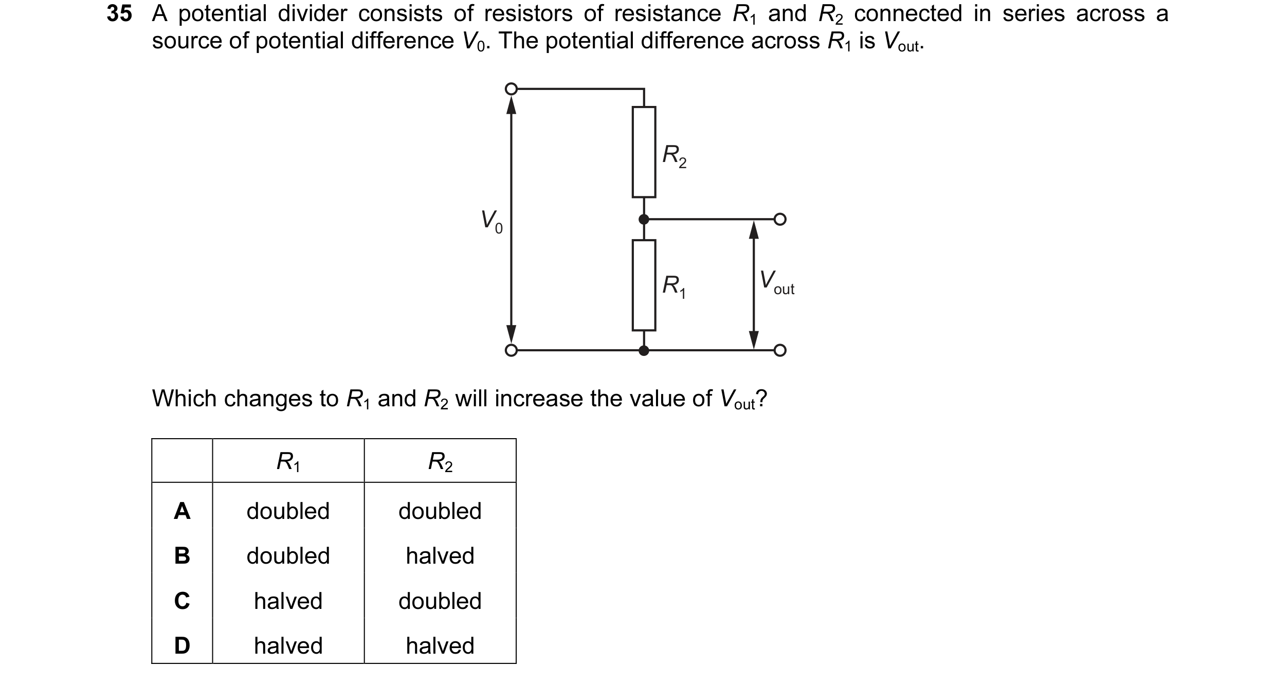 Question 48: A potential divider consists of resistors of resistance R1 and R2 connected in series across a source of potential difference V0. The poten…